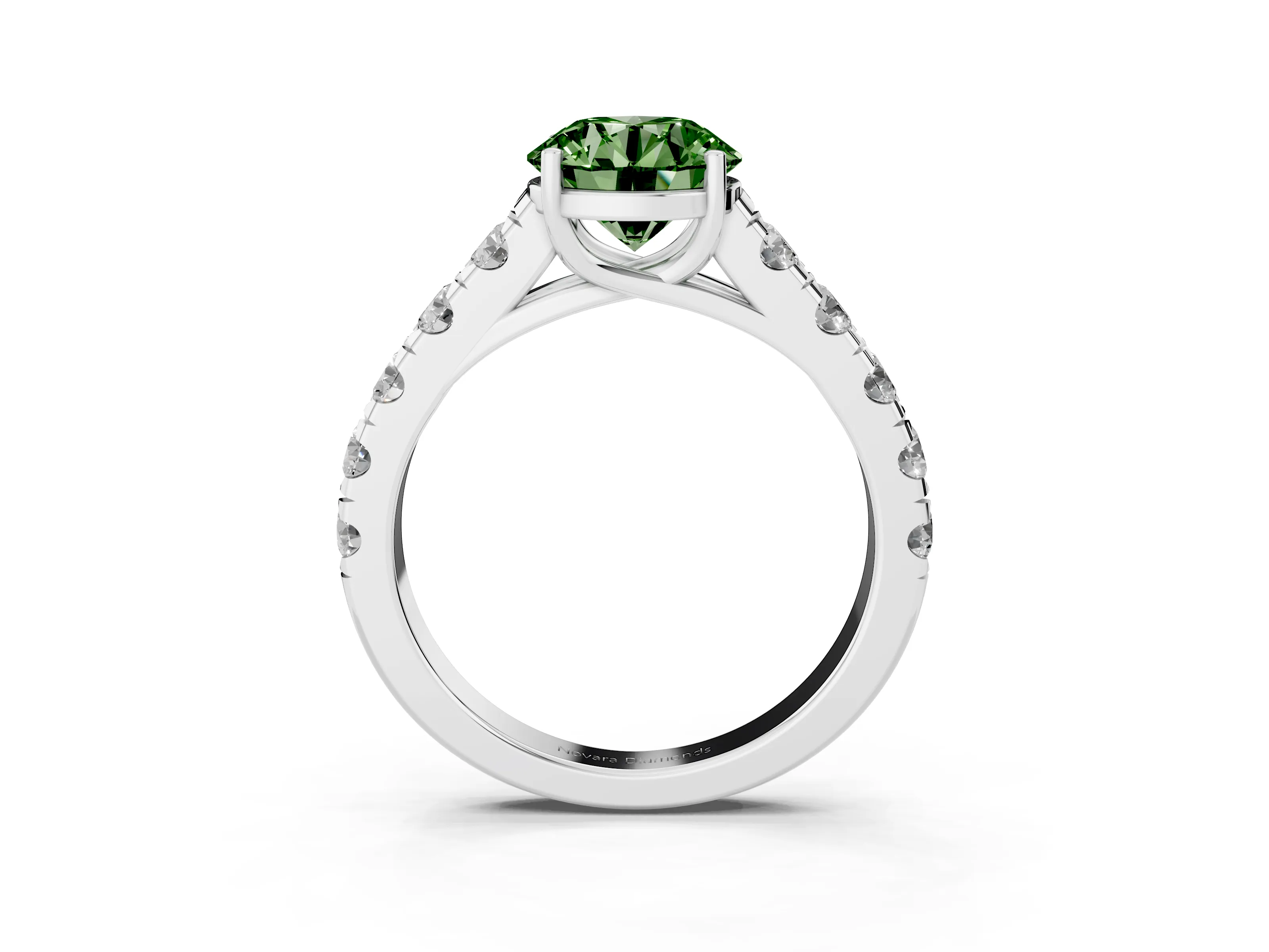 Fancy Green Round Cut Diamond Solitaire Ring Set in Platinum with Cut-Down Micro Pavé Band and Prong Setting