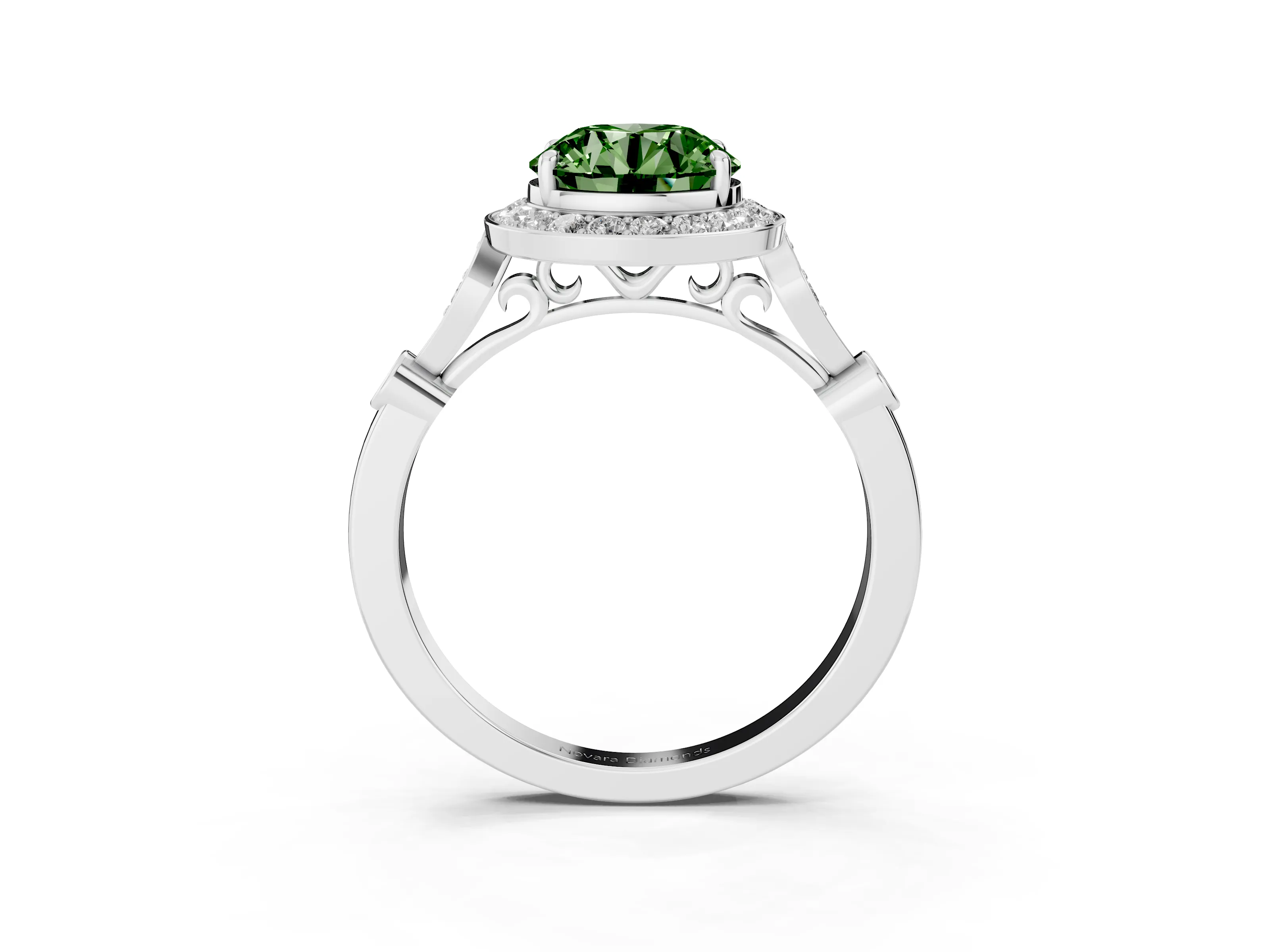 Fancy Green Round Cut Diamond Halo Engagement Ring Set in Platinum with Twisted Band and Prong Setting