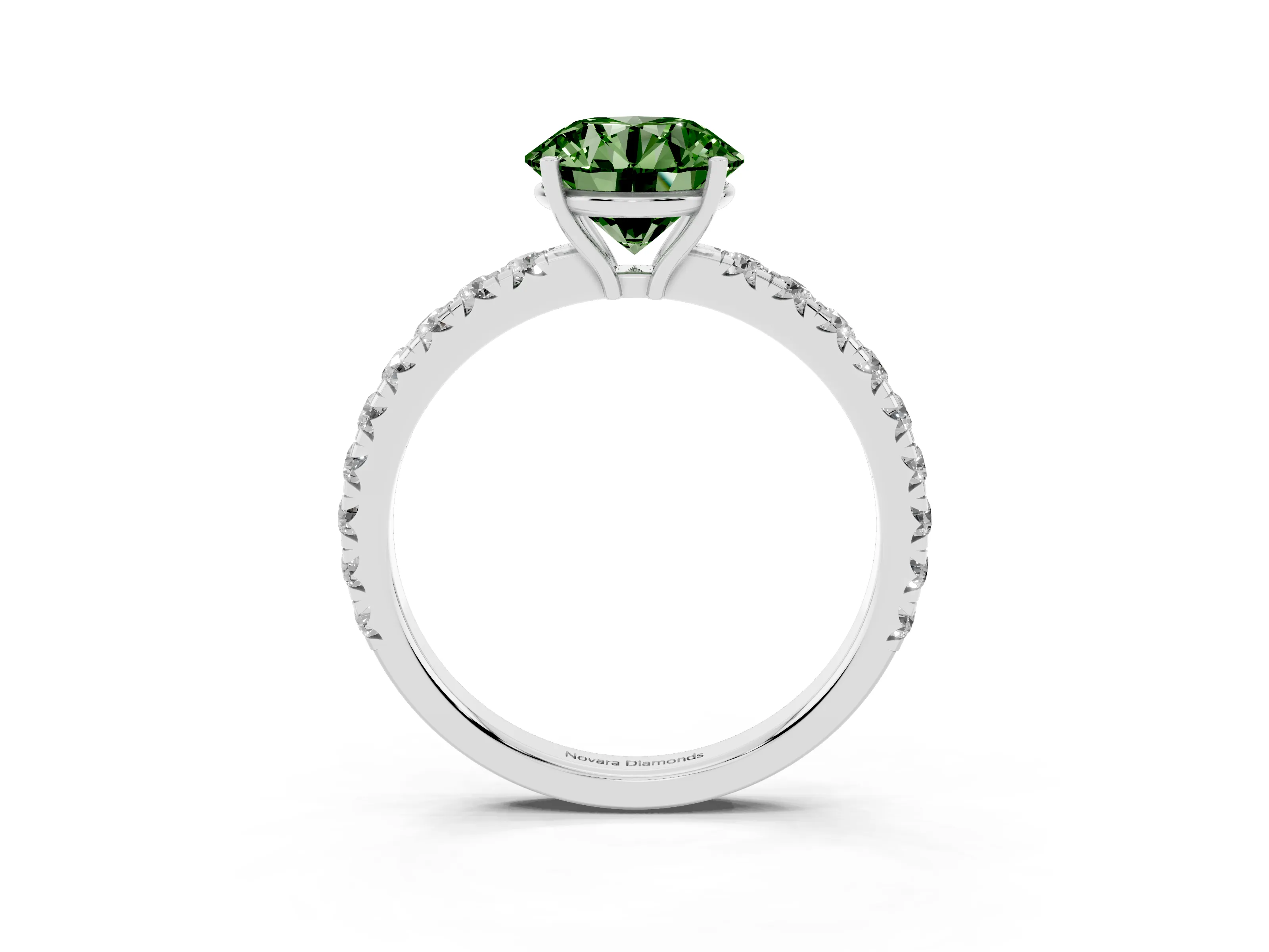 Fancy Green Round Cut Diamond Pavé Solitaire Engagement Ring Set in White gold with Prong Setting