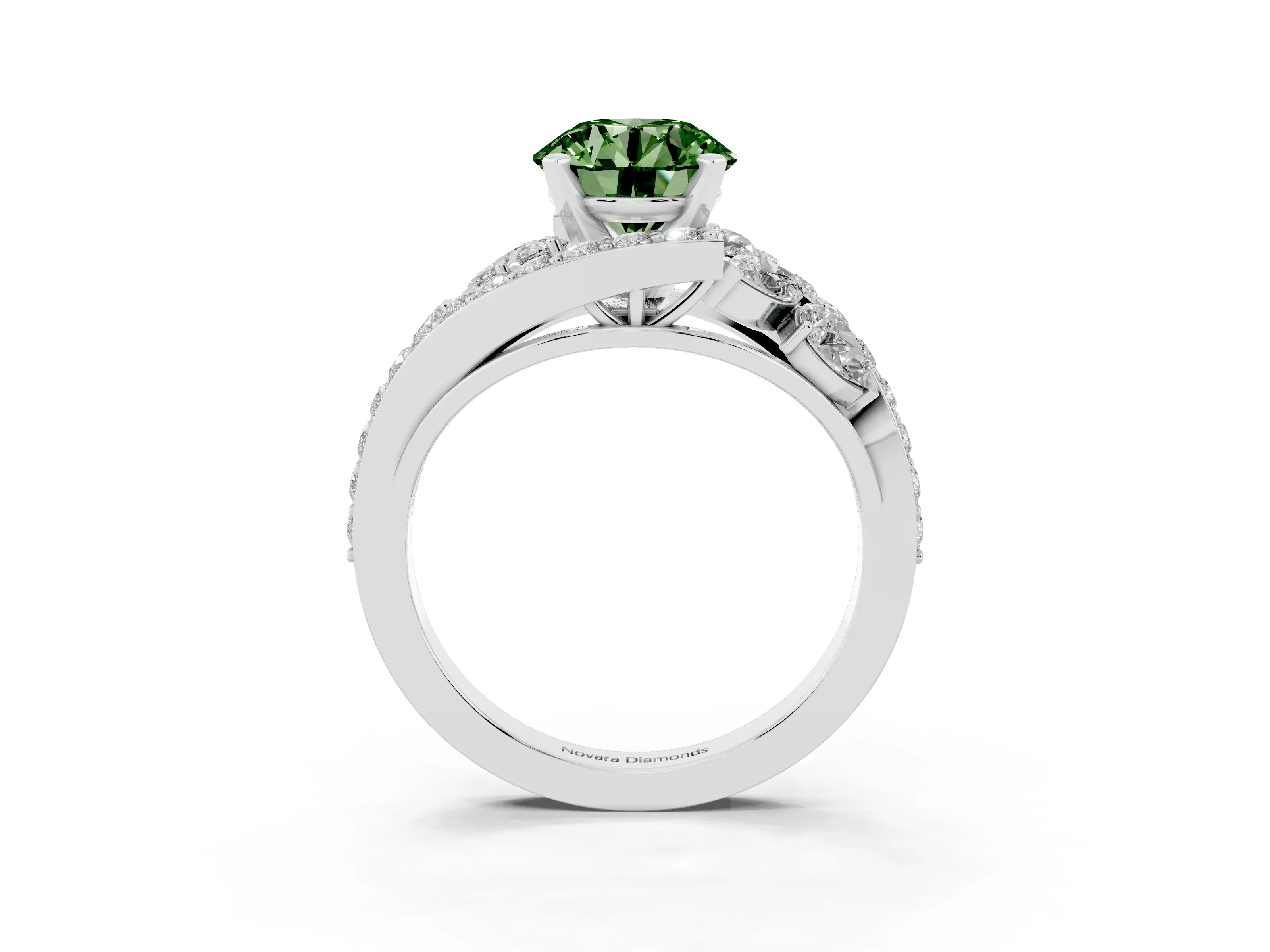 Fancy Green Round Cut Diamond Halo Ring Set in Platinum with Marquise and Pavé Band in Prong Setting