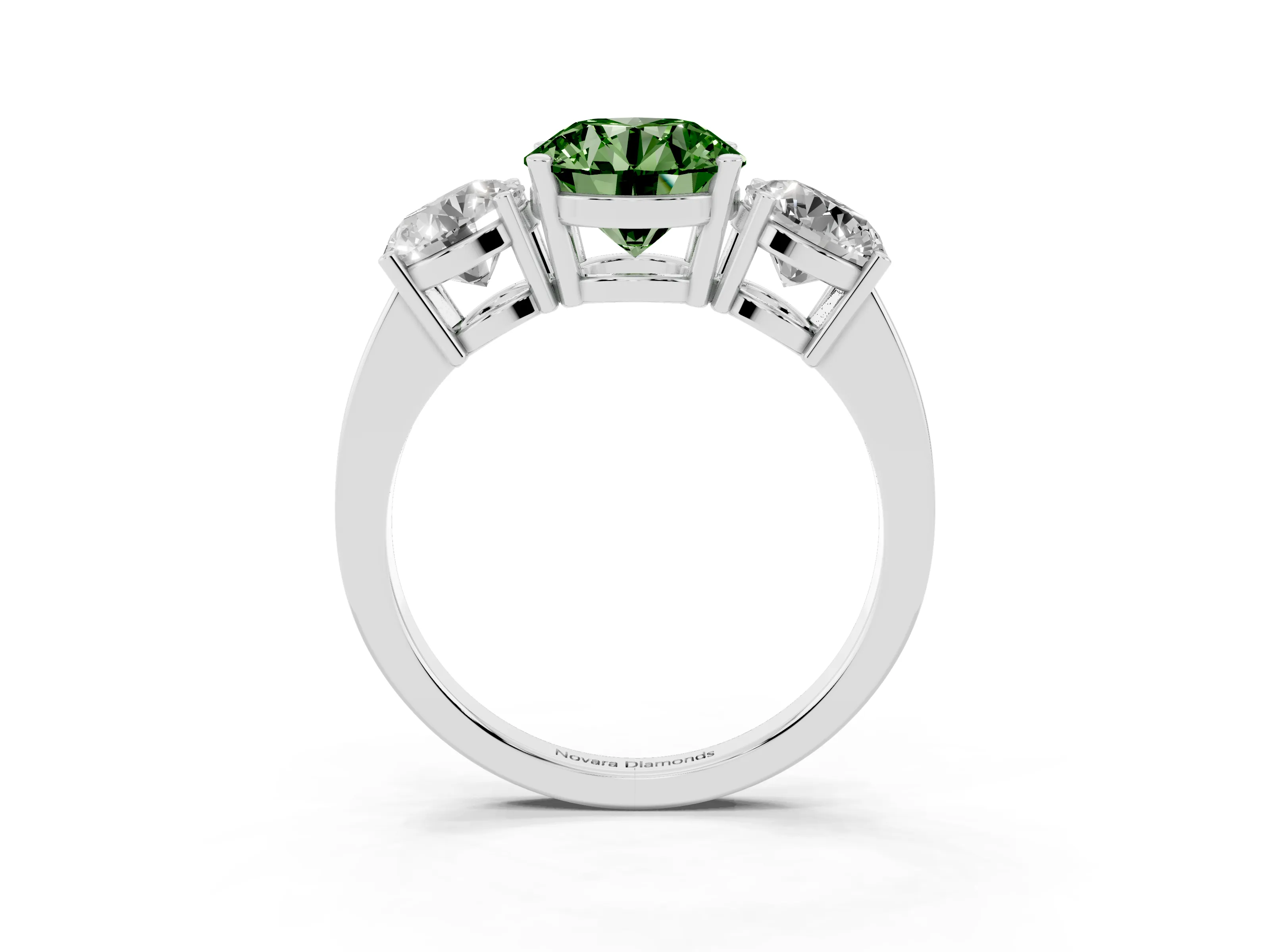 Fancy Green Round Cut Diamond Three-Stone Engagement Ring Set in Silver with Flat Band