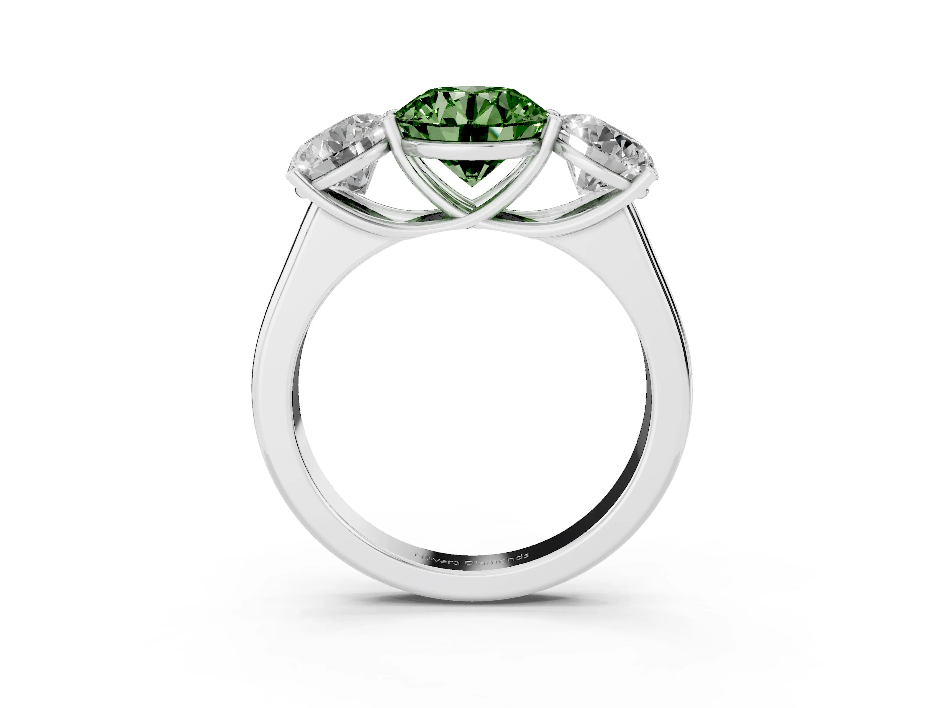 Fancy Green Round Cut Diamond Three-Stone Ring Set in Silver with Plain Polished Band