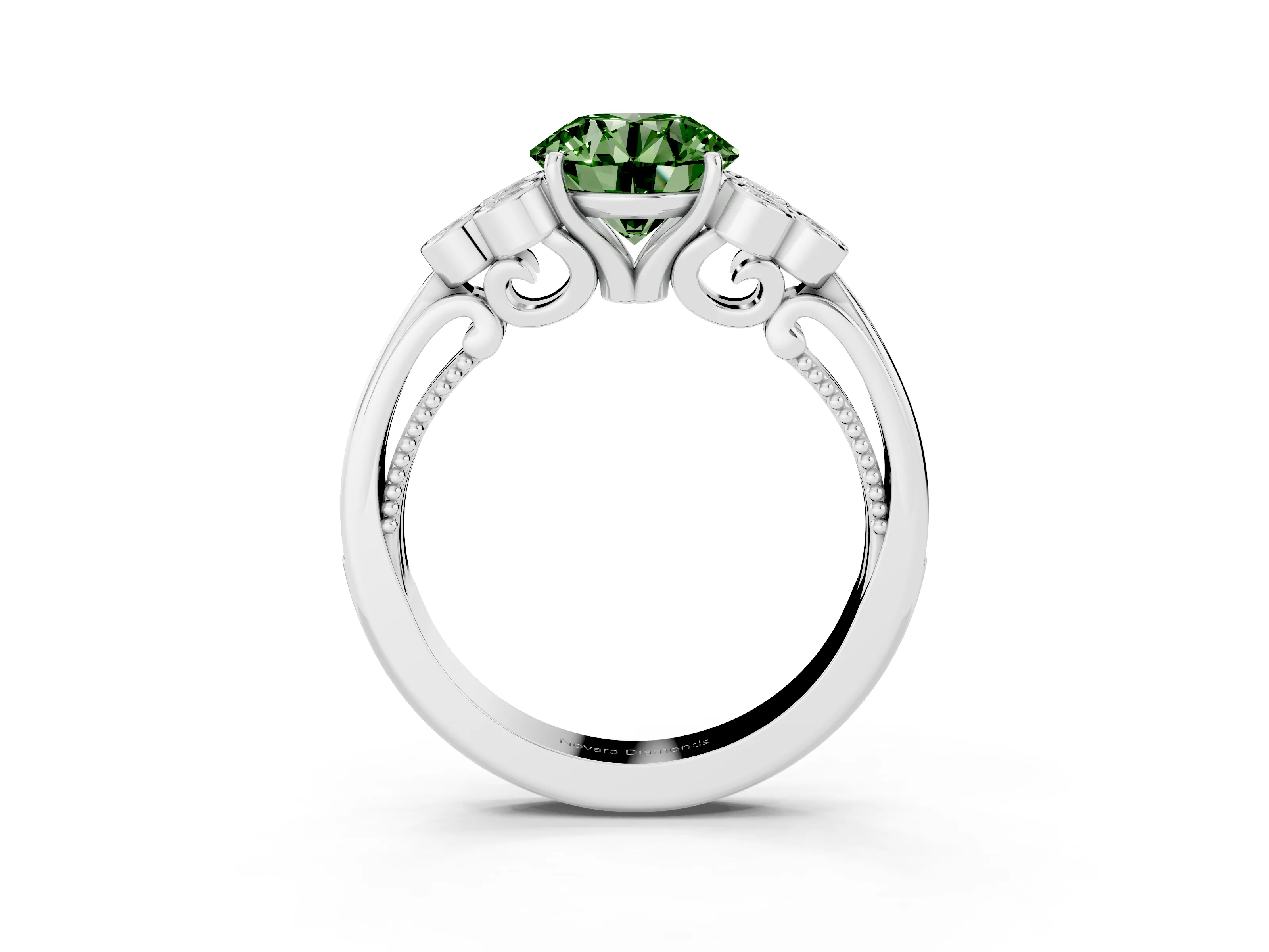 Fancy Green Round Cut Diamond Engagement Ring Set in Platinum with Bezel Set Round Side Stones and Prong Setting