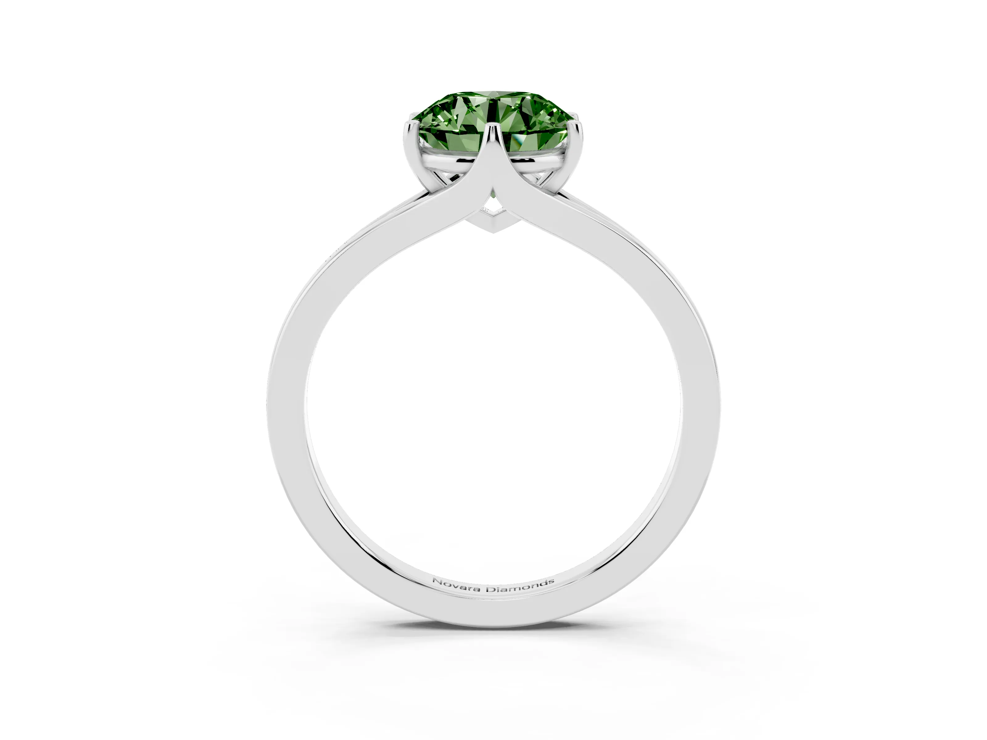 Fancy Green Round Cut Diamond Solitaire Ring Set in Silver with Polished Tapered Band and Prong Setting