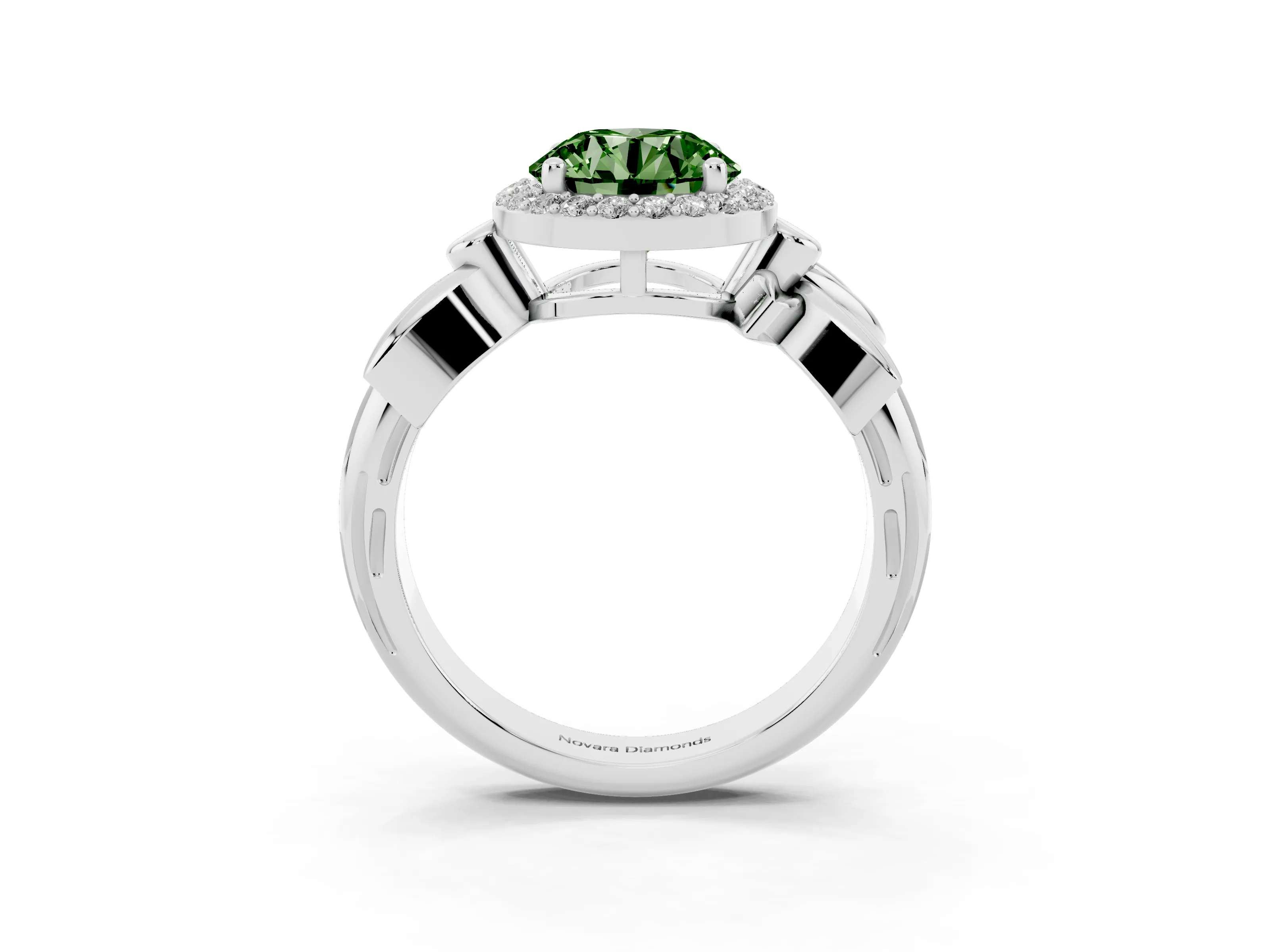 Fancy Green Round Cut Diamond Halo Floral Band Ring Set in Silver with Prong Setting