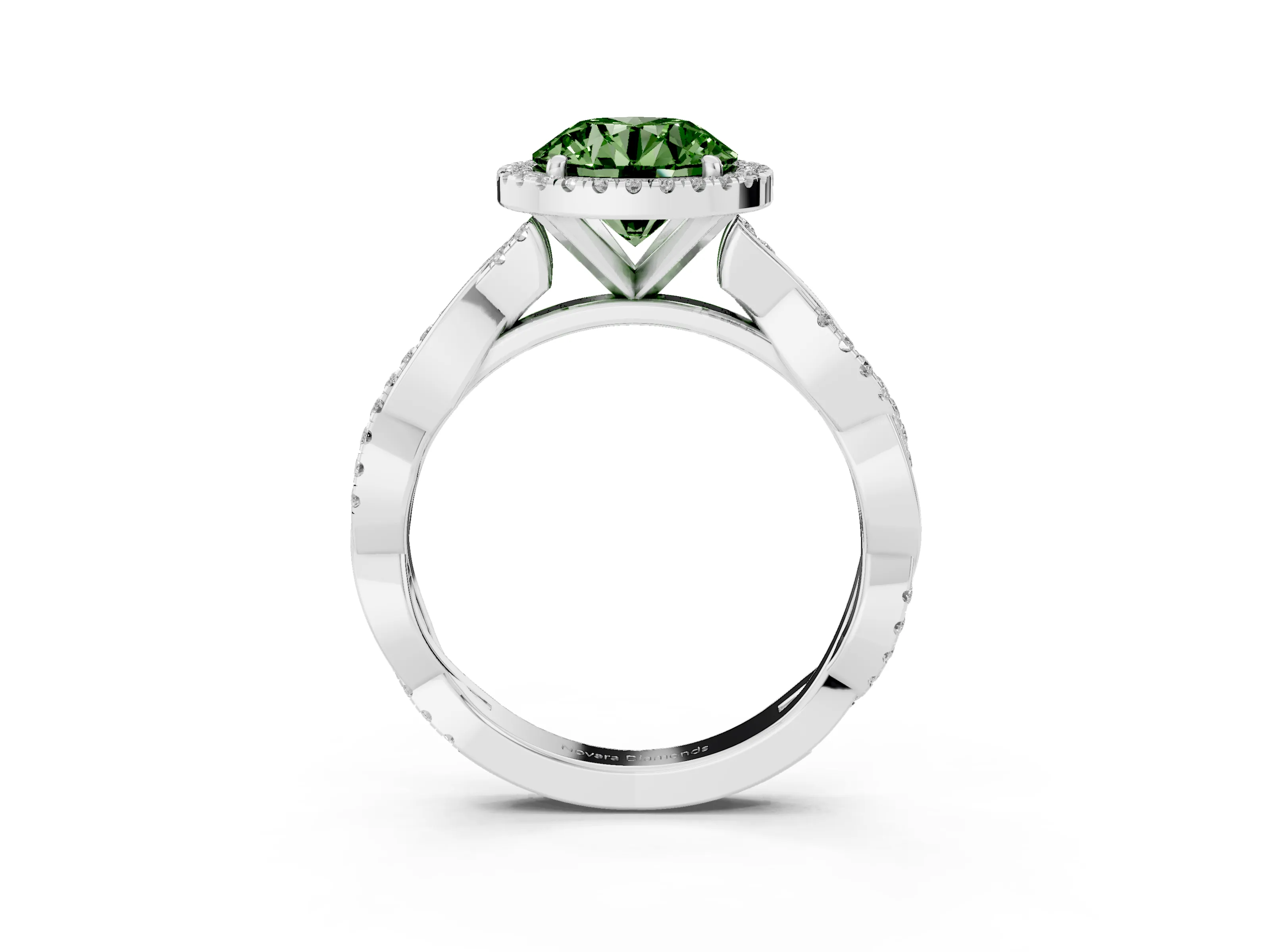 Fancy Green Round Cut Diamond Halo Twisted Band Ring Set in White gold with Prong Setting