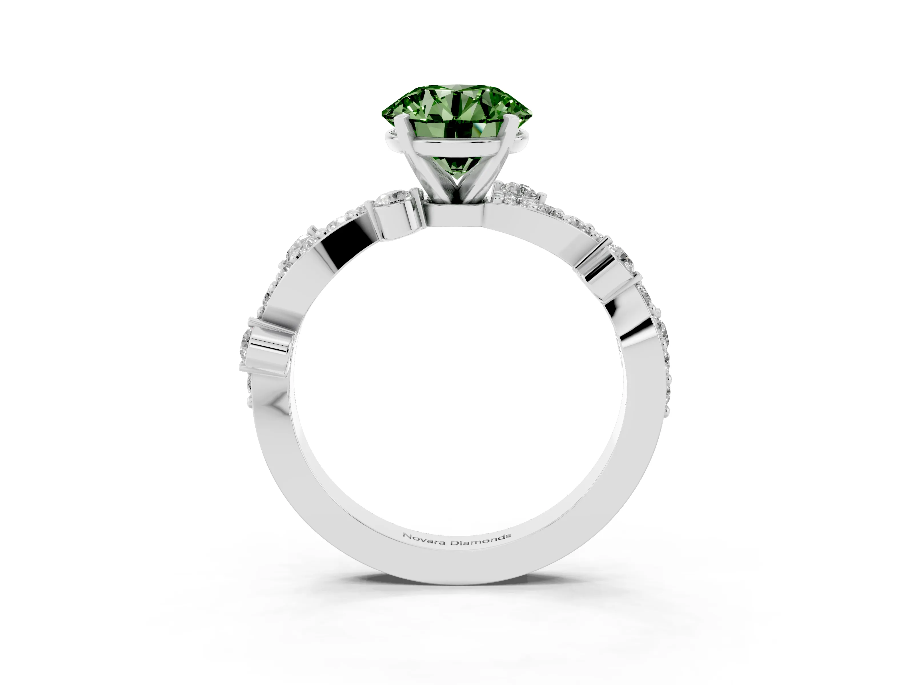 Fancy Green Round Cut Diamond Solitaire Twisted Band Set in Silver with Pavé Setting
