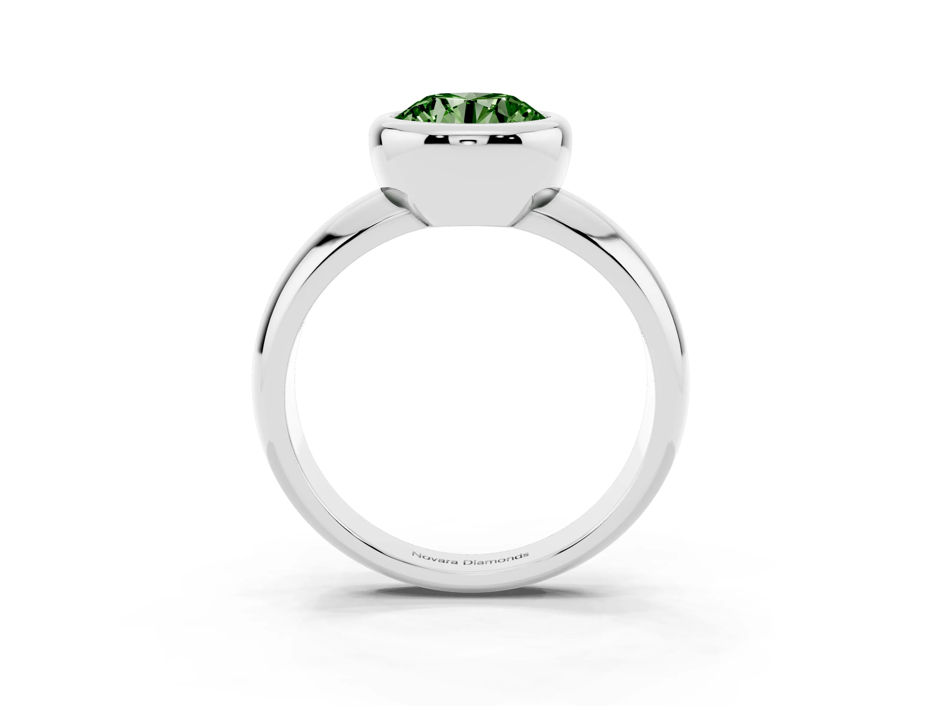 Fancy Green Bezel Set Round Cut Diamond Solitaire Ring Set in Silver with Wide Band