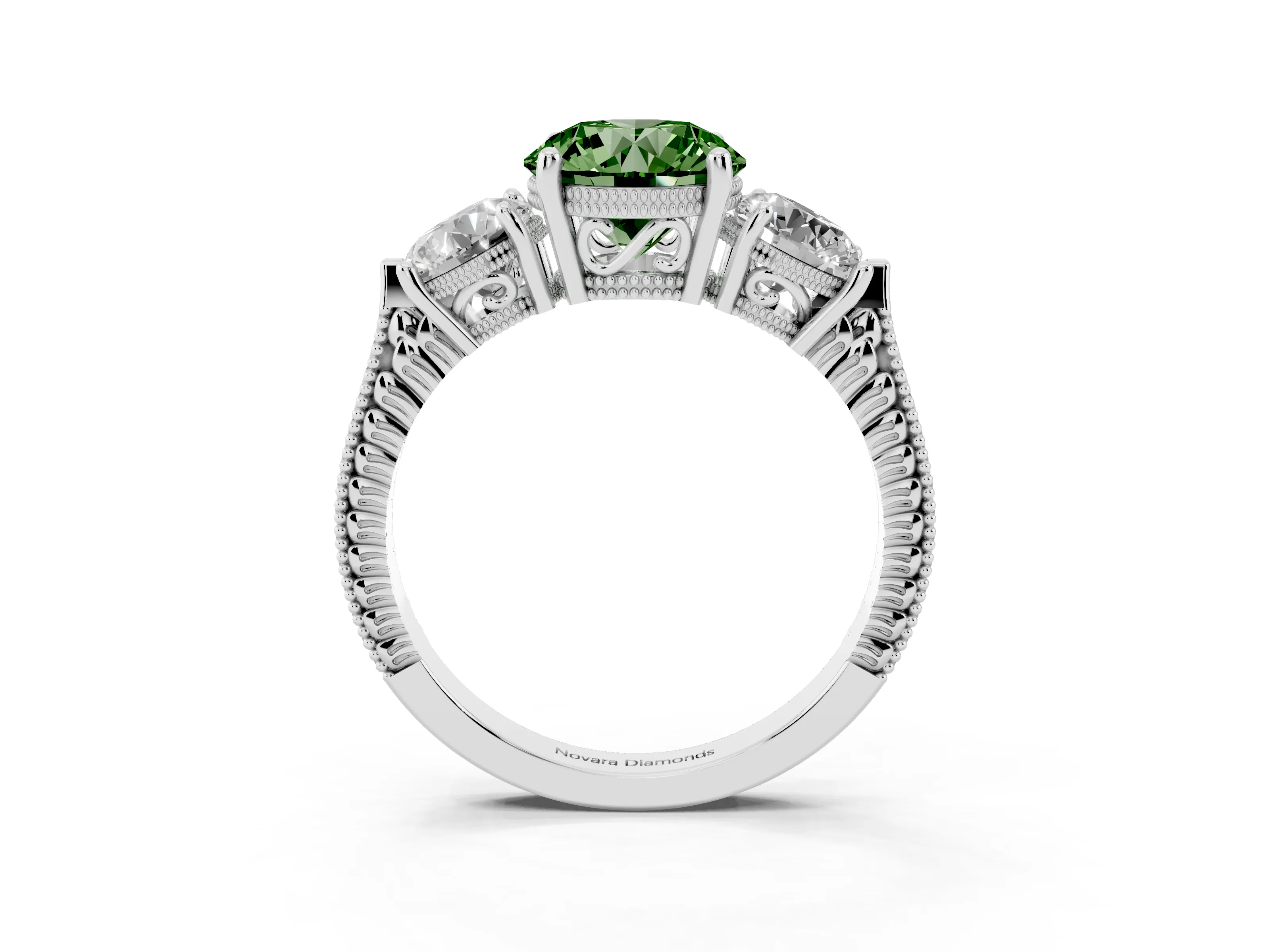 Fancy Green Round Cut Diamond Three-Stone Ring Set in Platinum with Milgrain Band