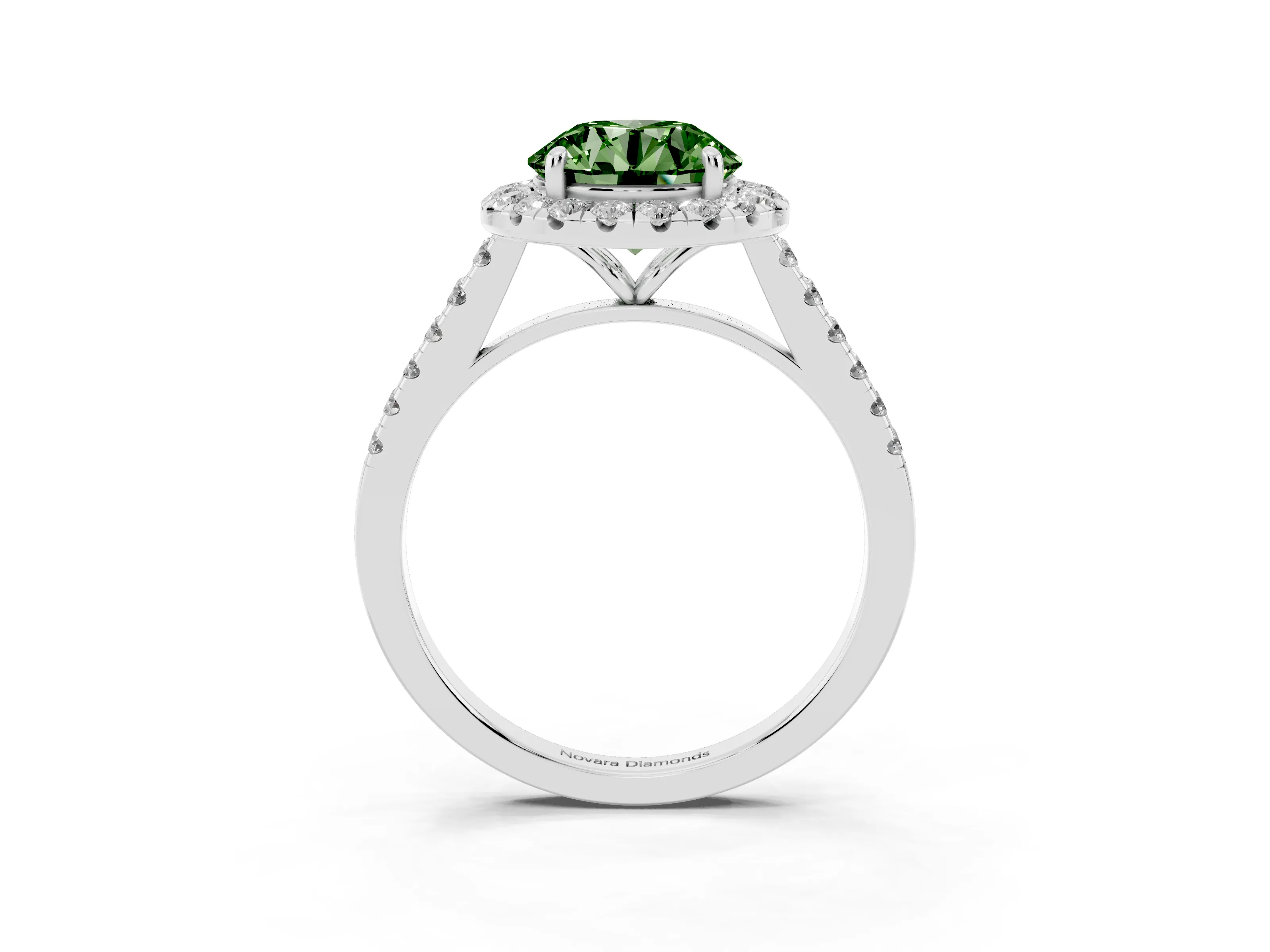 Fancy Green Round Cut Diamond Halo Pavé Engagement Ring Set in White gold with Prong Setting