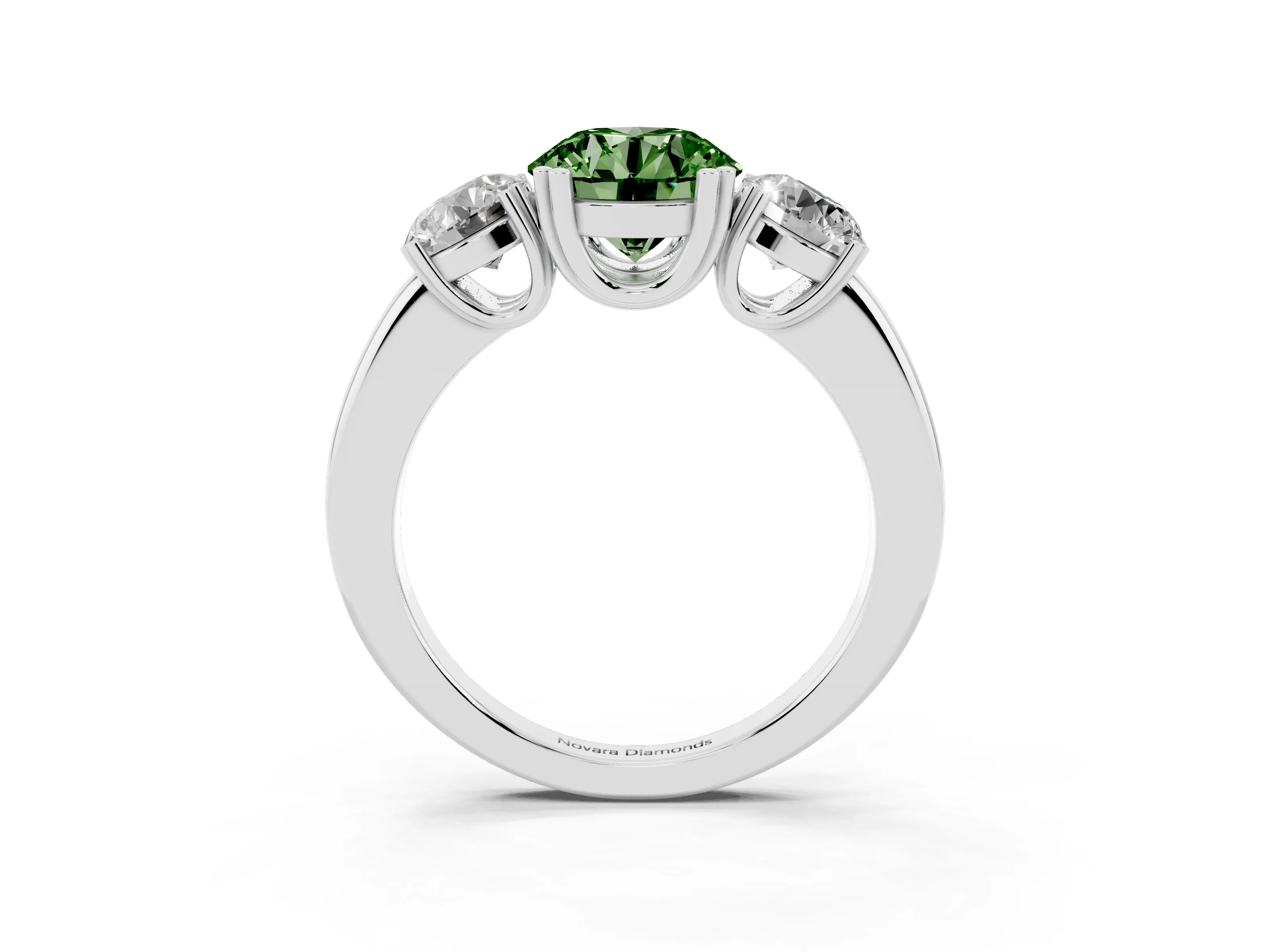 Fancy Green Round Cut Diamond Three-Stone Ring Set in Platinum with Polished Channel-Set Band