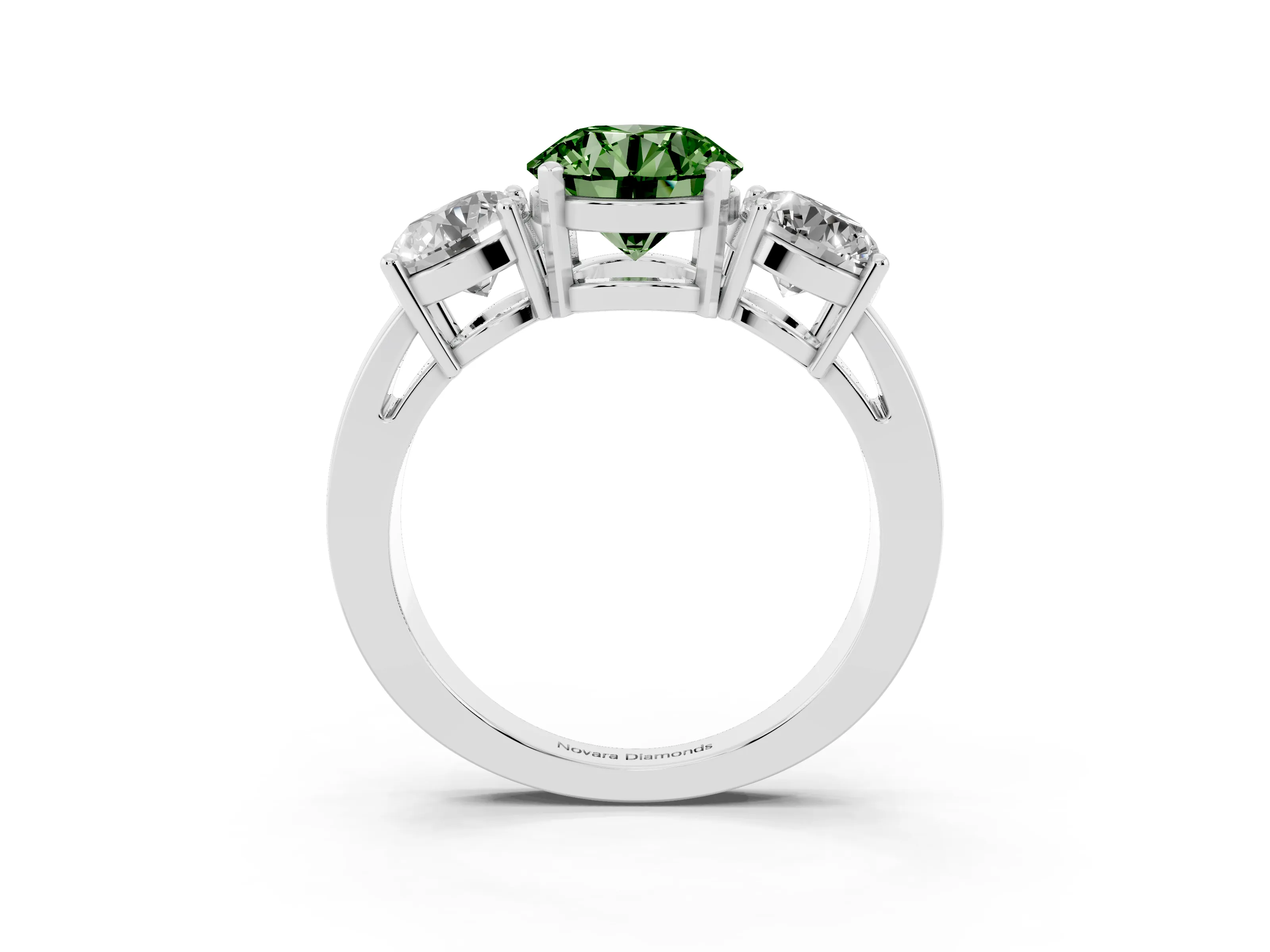 Fancy Green Round Cut Diamond Three-Stone Ring Set in Silver with Round Side Stones and Classic Band