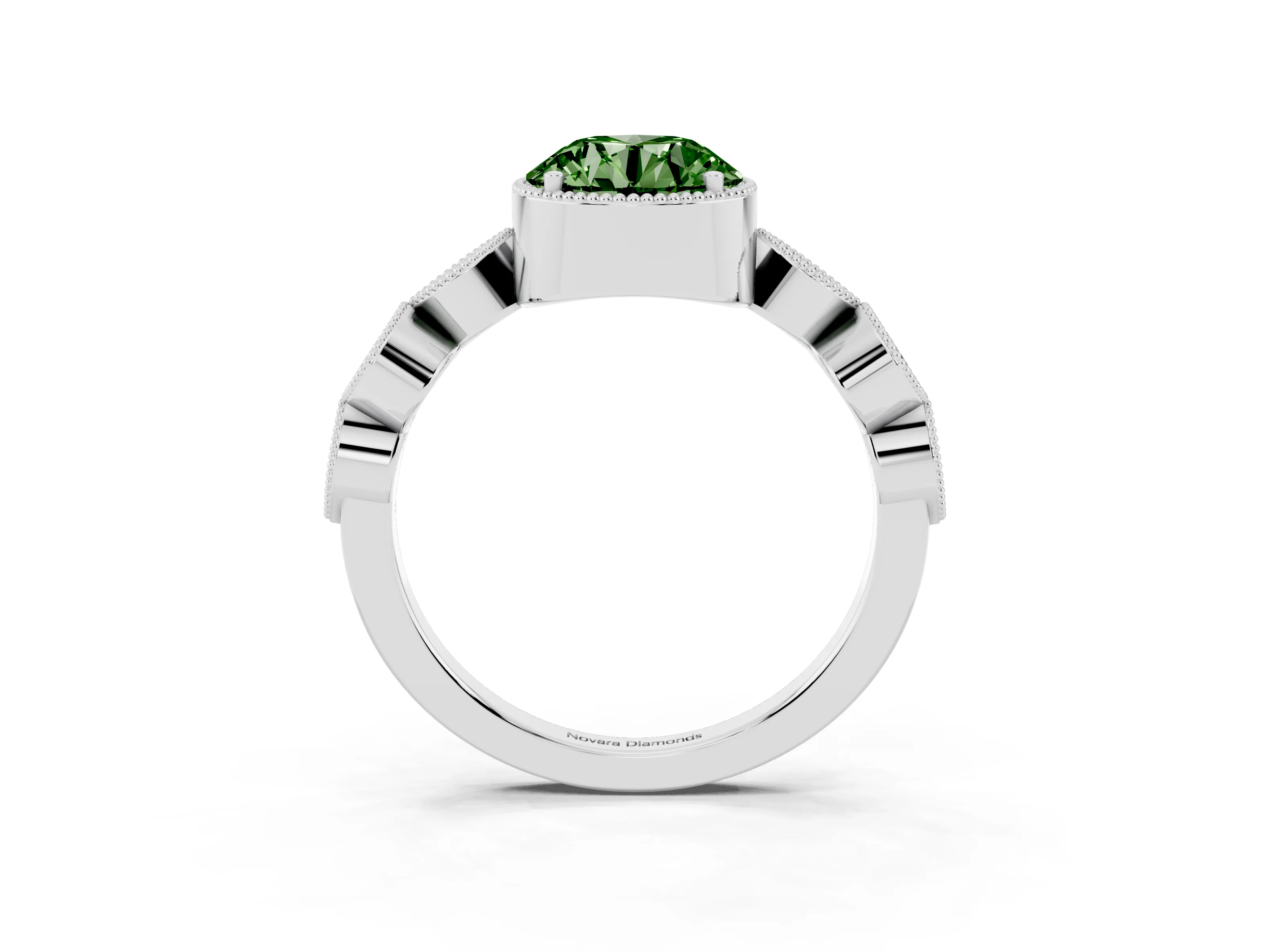Fancy Green Round Cut Diamond Vintage-Inspired Milgrain Ring Set in Platinum with Marquise Stations of Round Accents