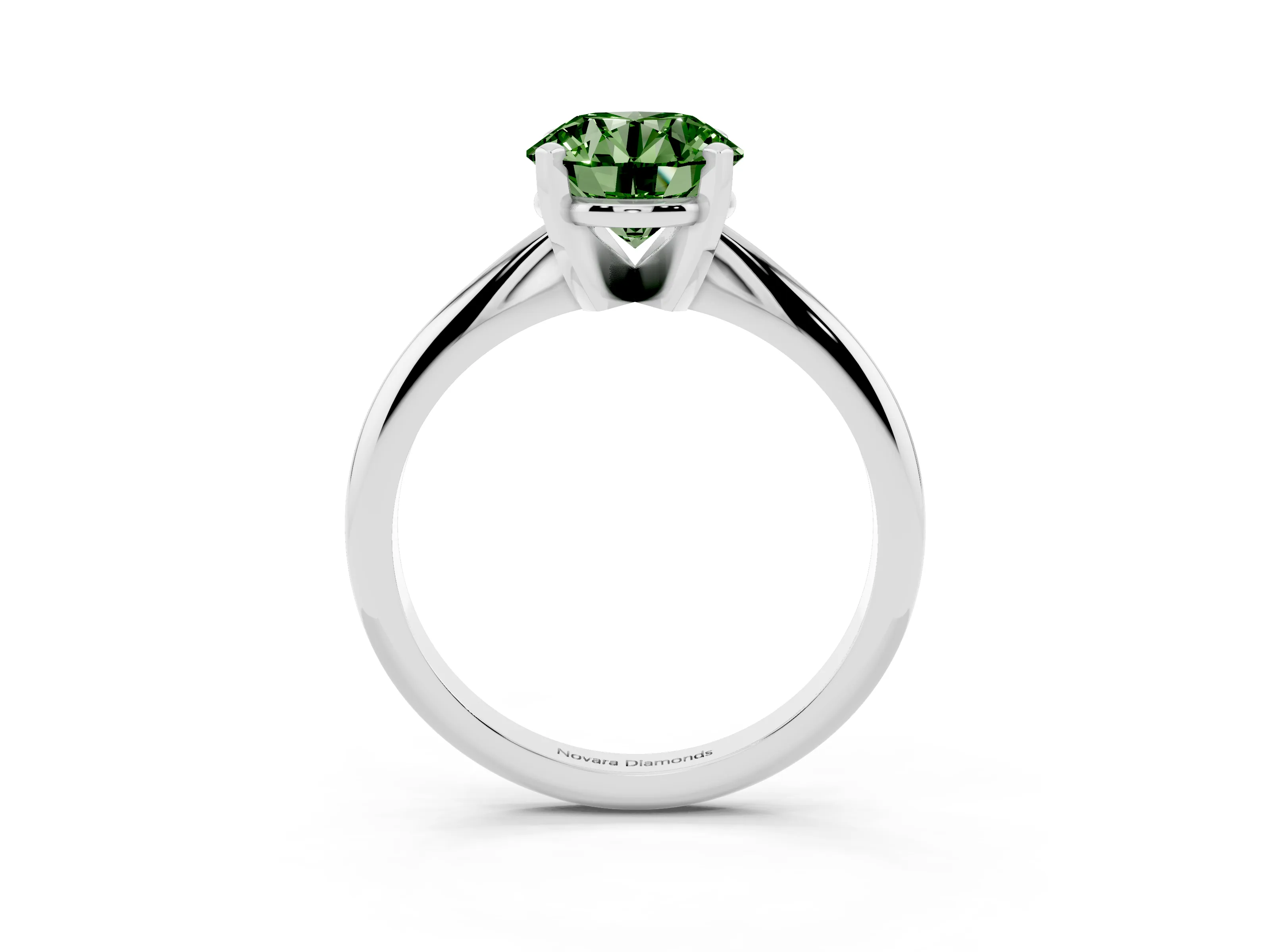 Fancy Green Round Cut Diamond Solitaire Ring Set in Platinum with Prong Setting on a Plain Round Band