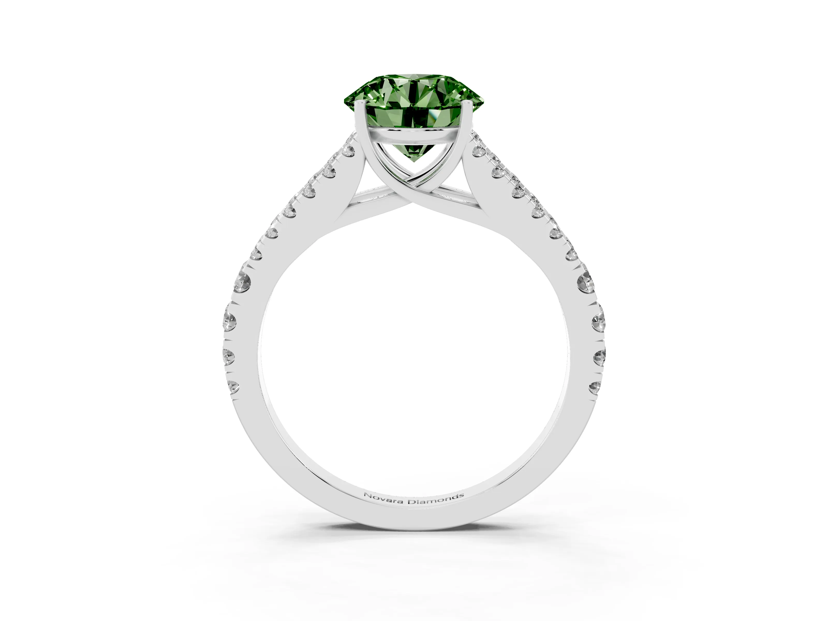 Fancy Green Round Cut Diamond Split Shank Pavé Engagement Ring Set in Silver with Prong-Held Center Stone