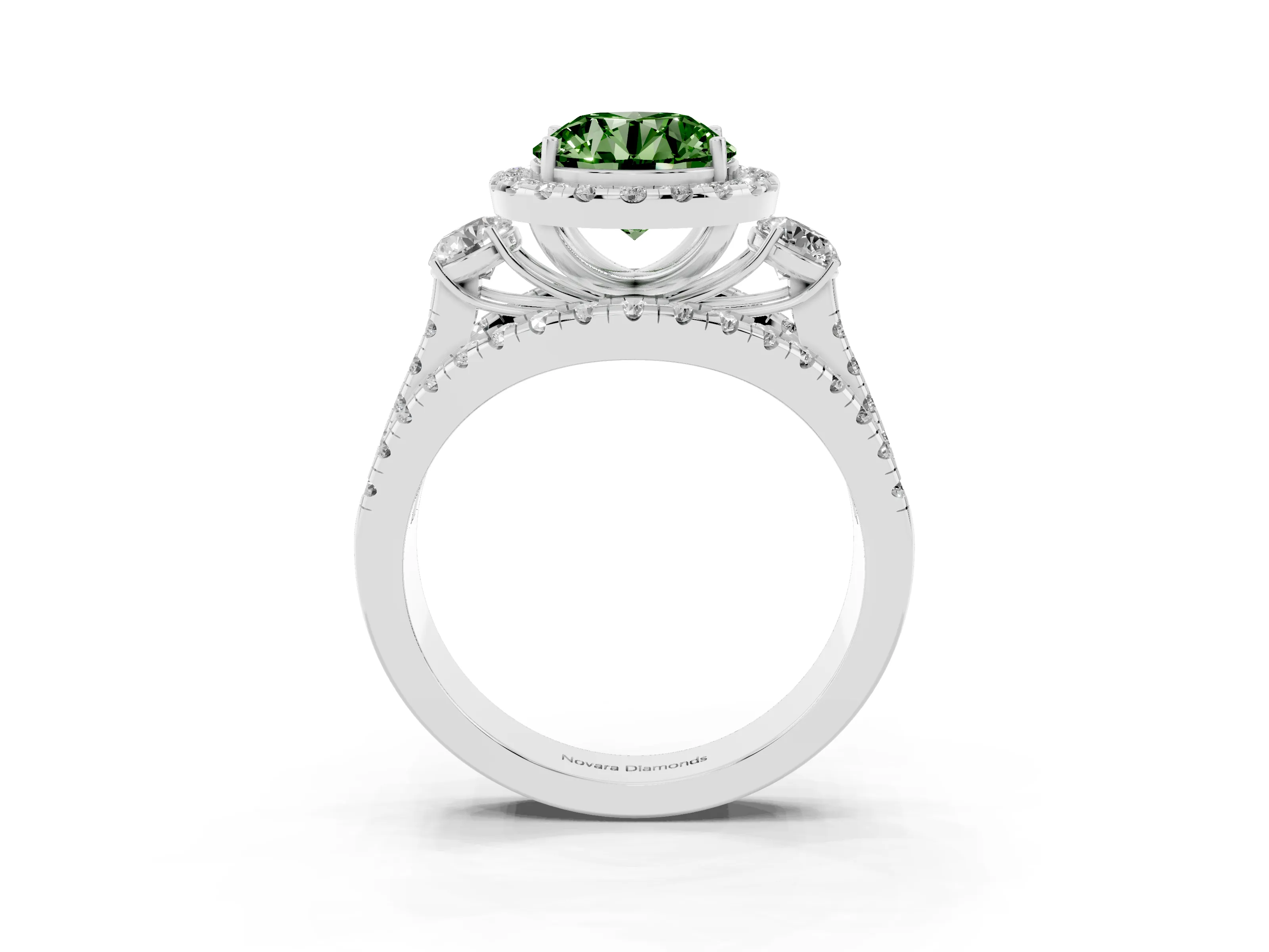 Fancy Green Round Cut Diamond Halo Split Shank Ring Set in Silver with Round Accent Stones and Prong Setting
