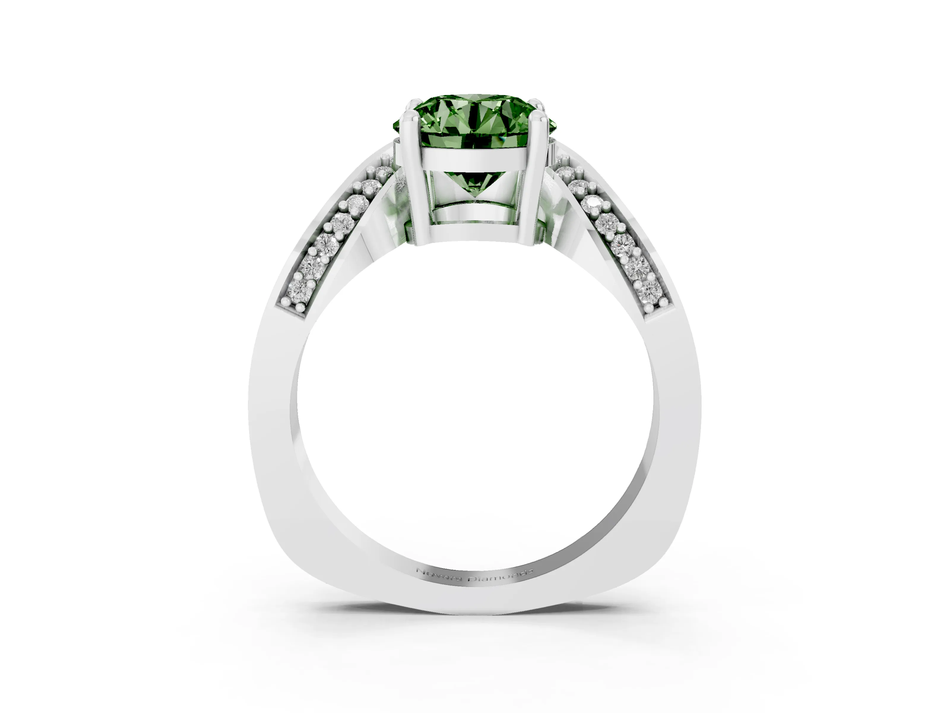 Fancy Green Round Cut Diamond Solitaire Engagement Ring Set in Platinum with Pavé Shoulders