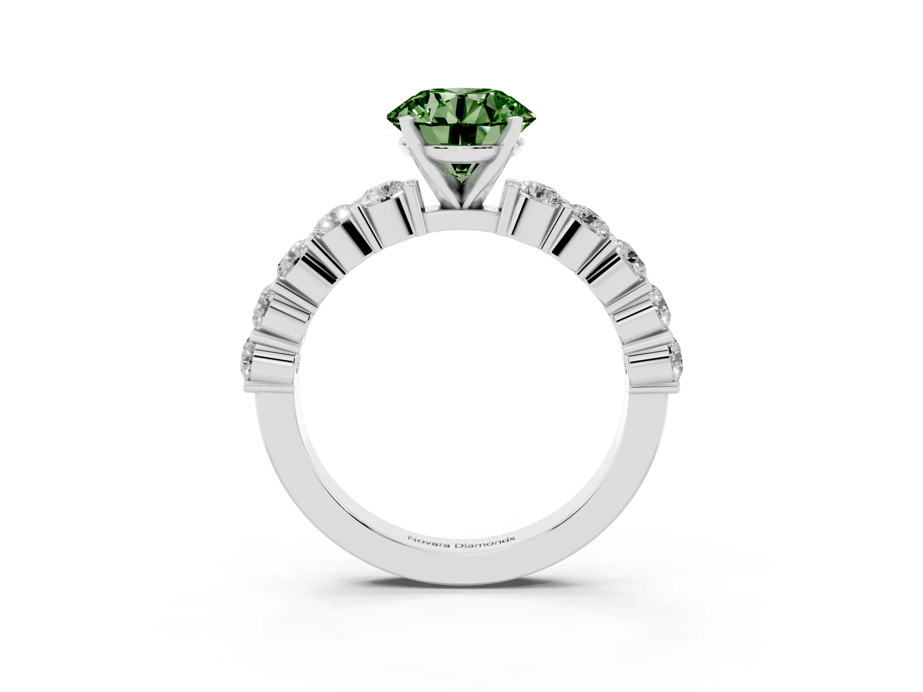 Fancy Green Round Cut Diamond Solitaire Ring Set in Silver with Shared Prong Round Side Stones