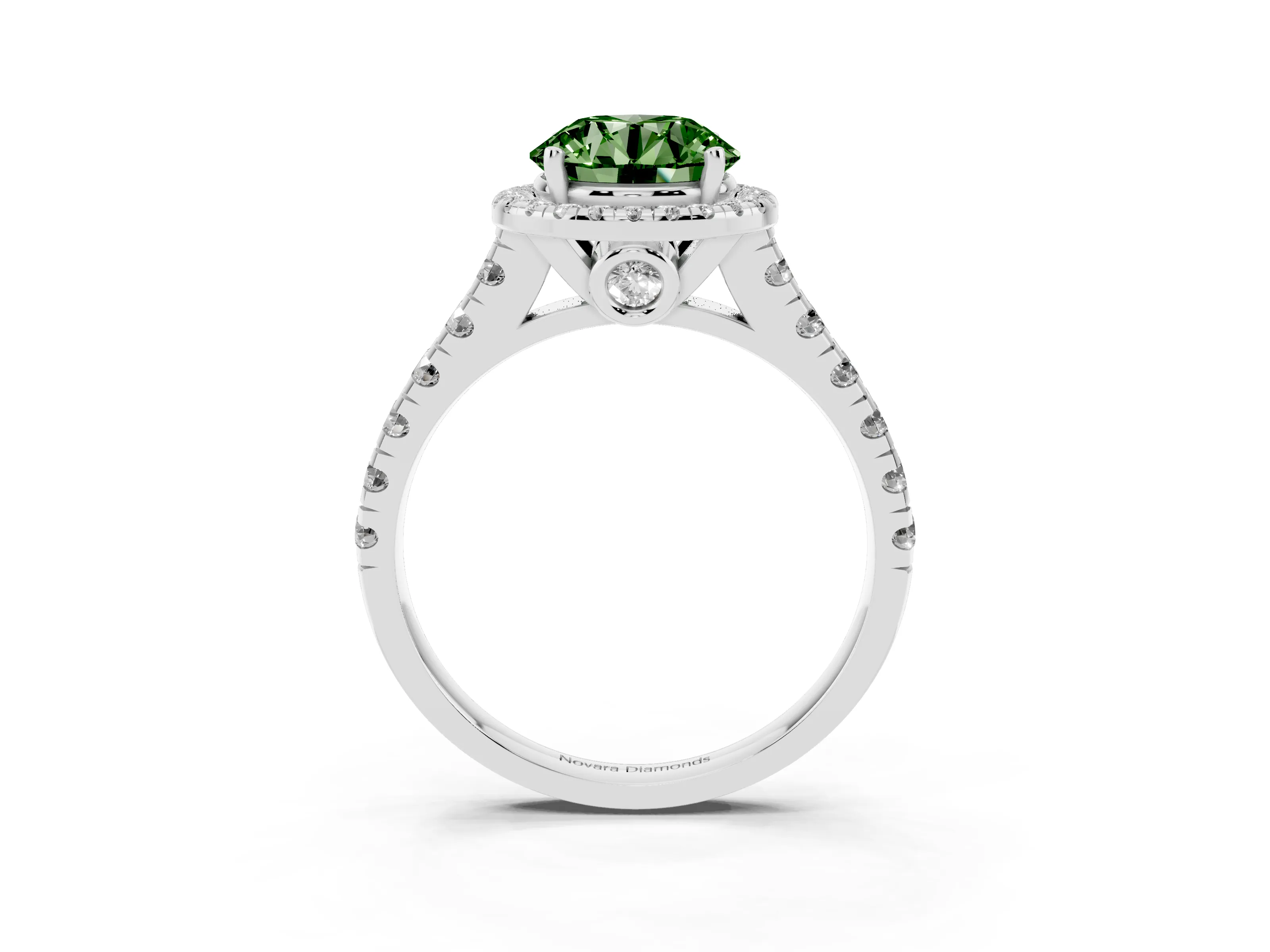 Fancy Green Round Cut Diamond Halo Engagement Ring Set in Platinum with Pavé Band and Prong-Set Center