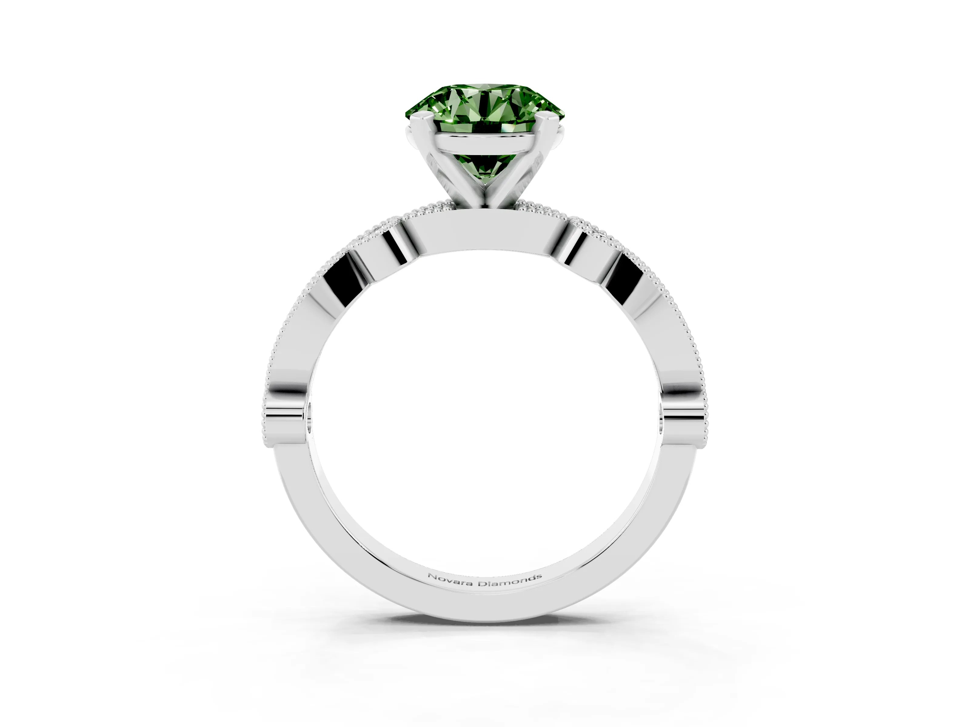 Fancy Green Round Cut Diamond Solitaire Engagement Ring Set in Silver with Milgrain Bezel Accent Band