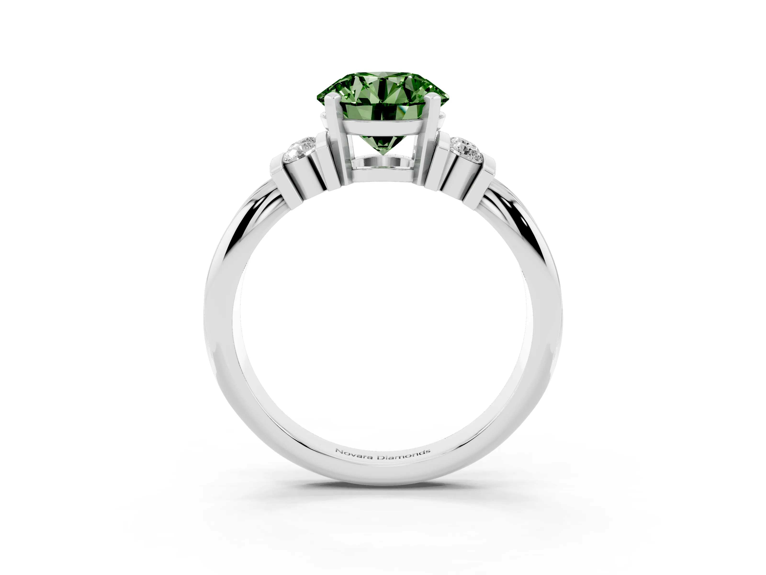 Fancy Green Three-Stone Round Cut Diamond Channel Set Ring Set in Platinum with Bar Prongs
