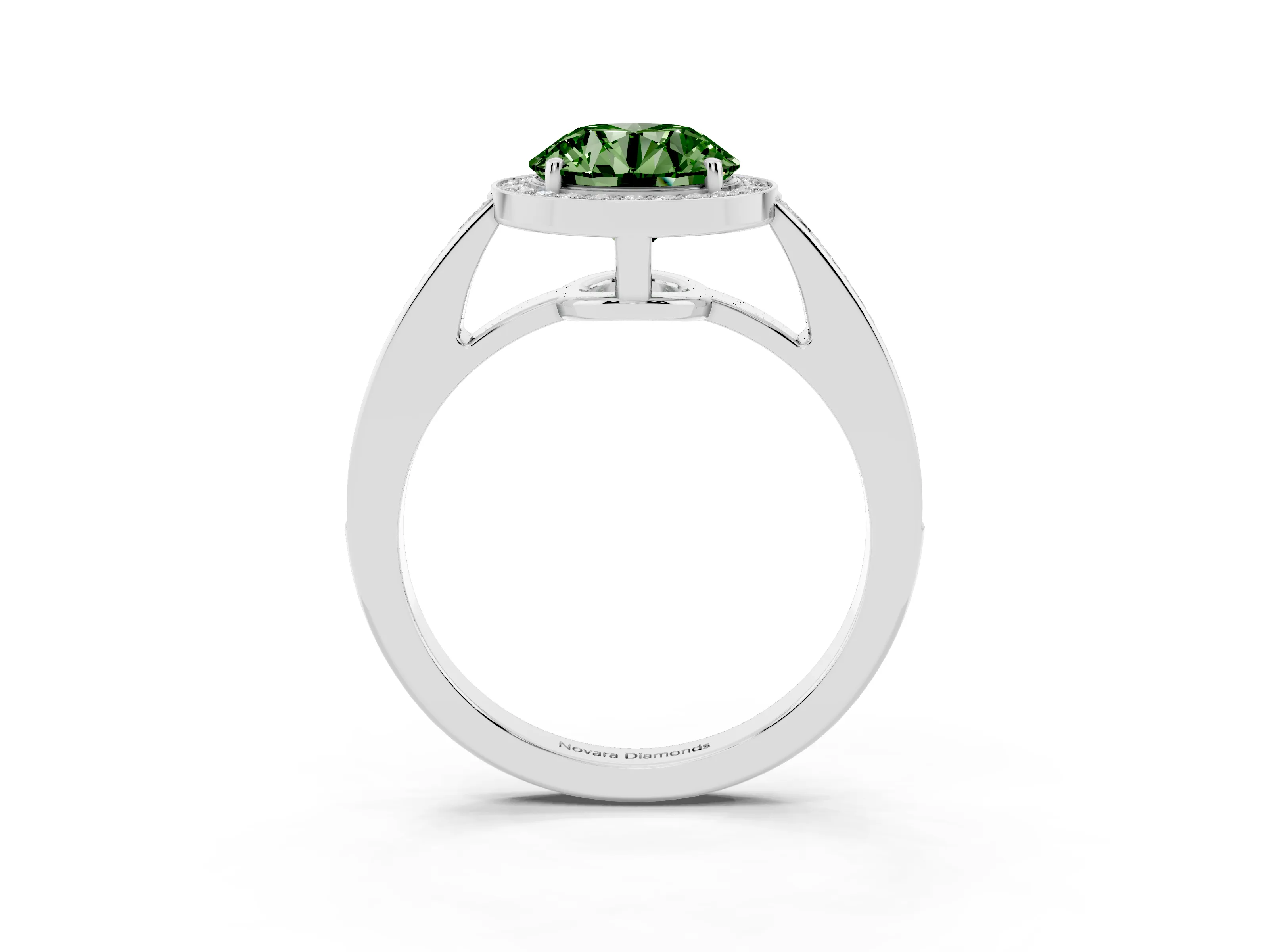 Fancy Green Round Cut Diamond Halo Pavé Engagement Ring Set in Silver with Bezel Setting