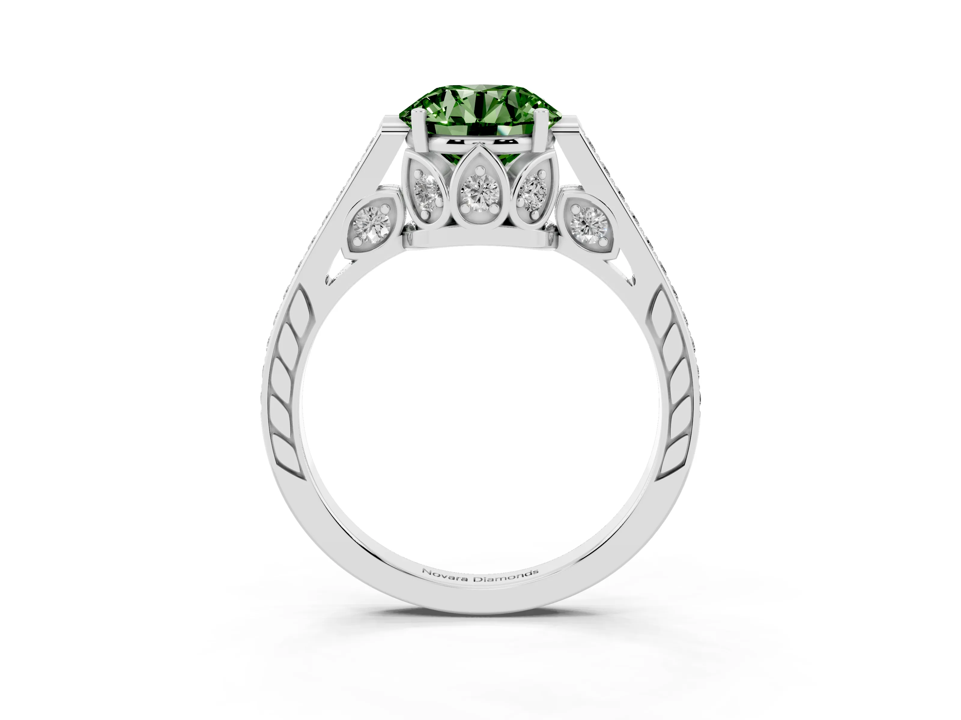 Fancy Green Round Cut Diamond Cathedral Pavé Engagement Ring Set in Silver with Prong Setting