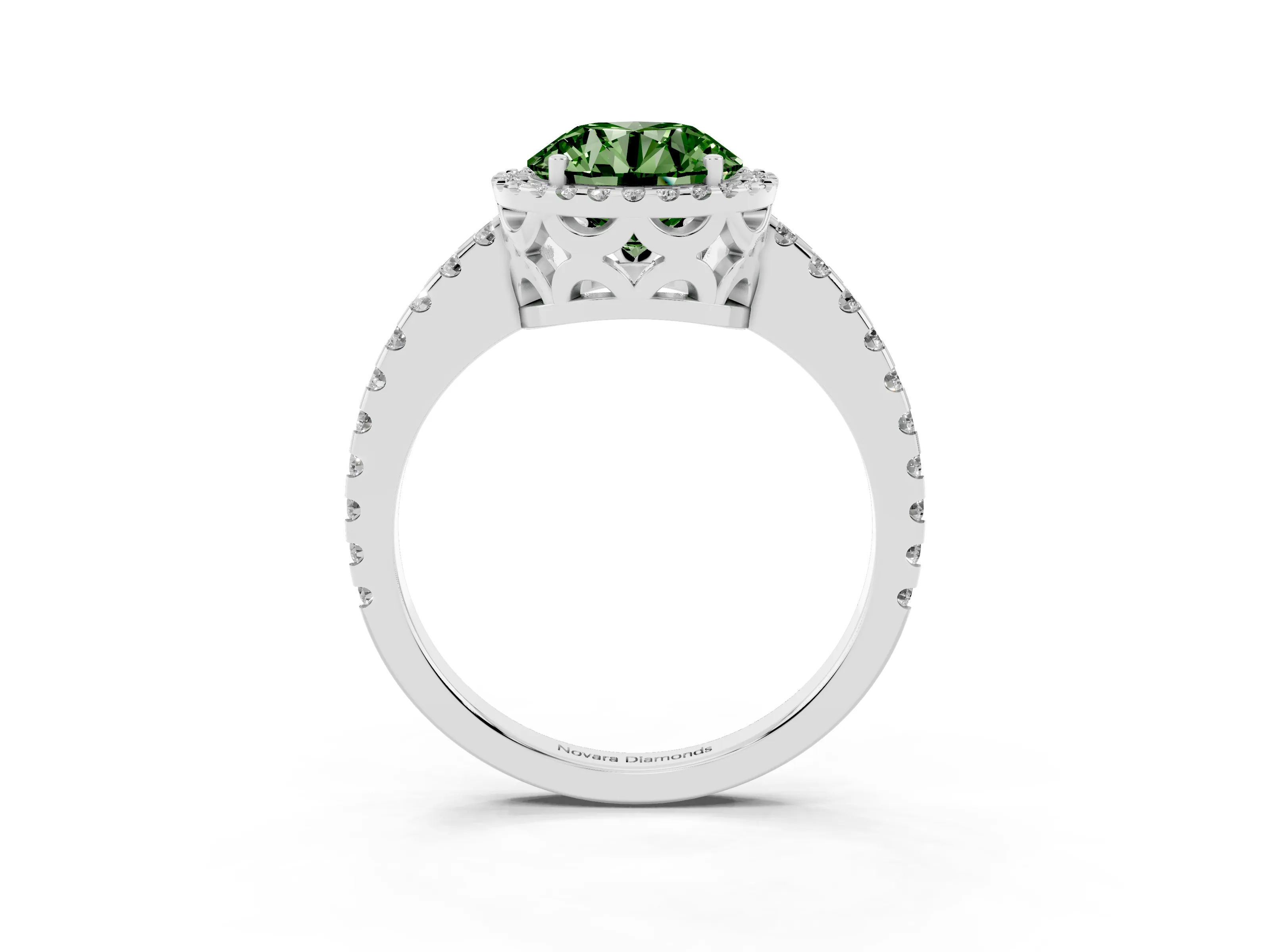 Fancy Green Round Cut Diamond Halo Ring Set in Platinum with Pavé Shoulders and Halo-Framed Center
