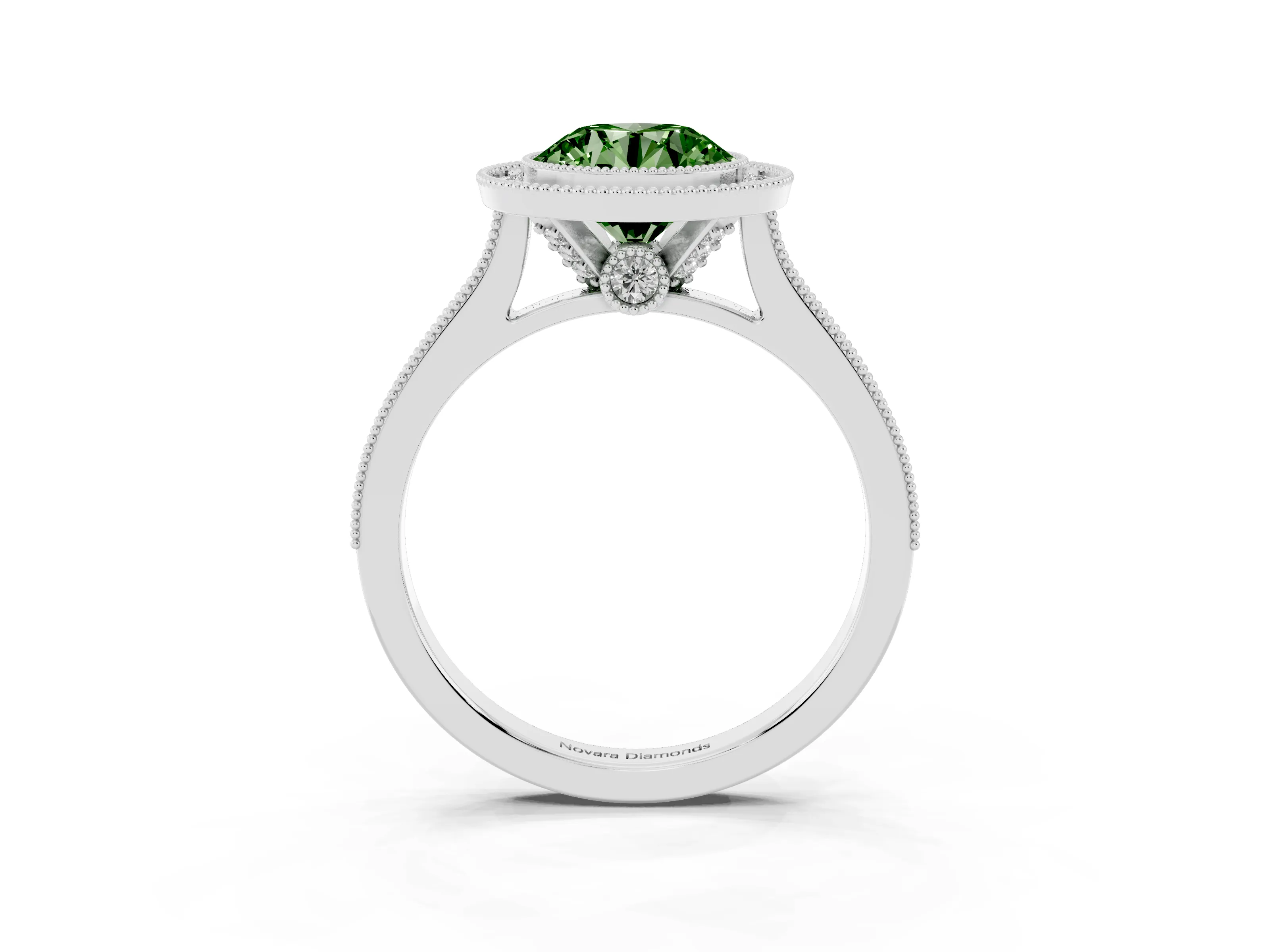 Fancy Green Round Cut Diamond Halo Milgrain Pavé Band Ring Set in Platinum with Prong Setting