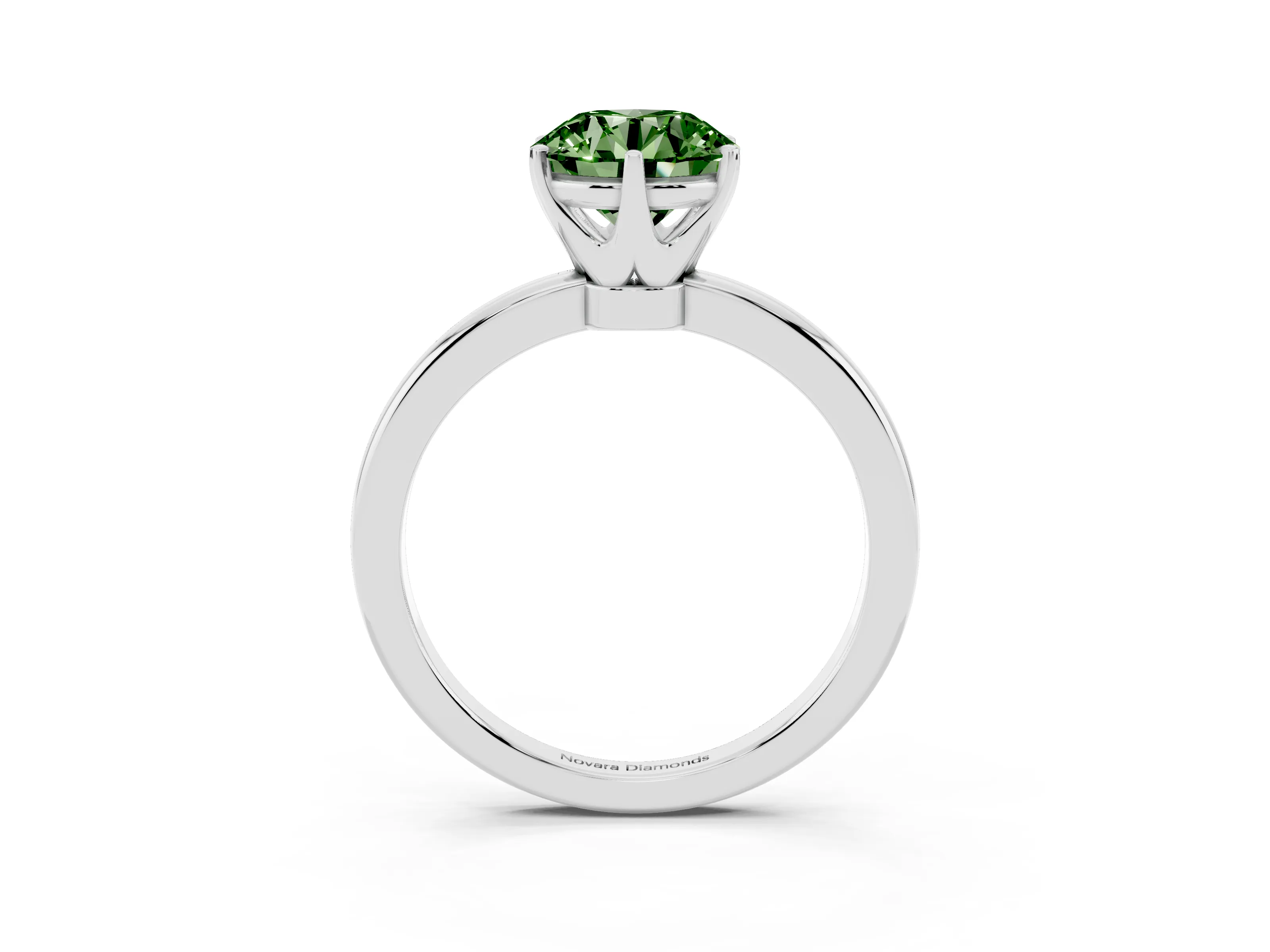 Fancy Green Round Cut Diamond Solitaire Ring Set in Platinum with Raised Prong Setting on a Classic Band