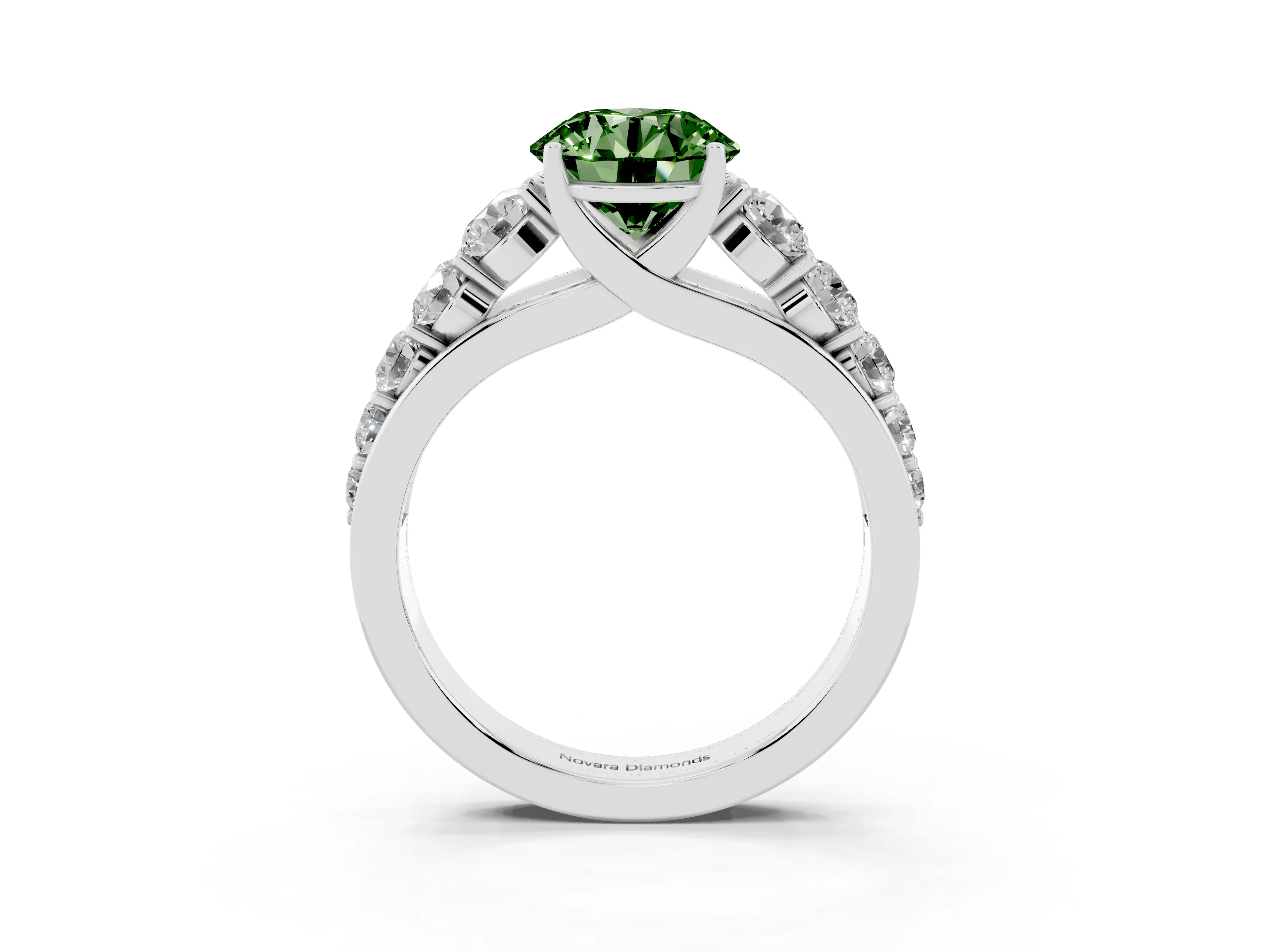 Fancy Green Round Cut Diamond Solitaire Ring Set in White gold with Pavé-Set Band and Prong Setting