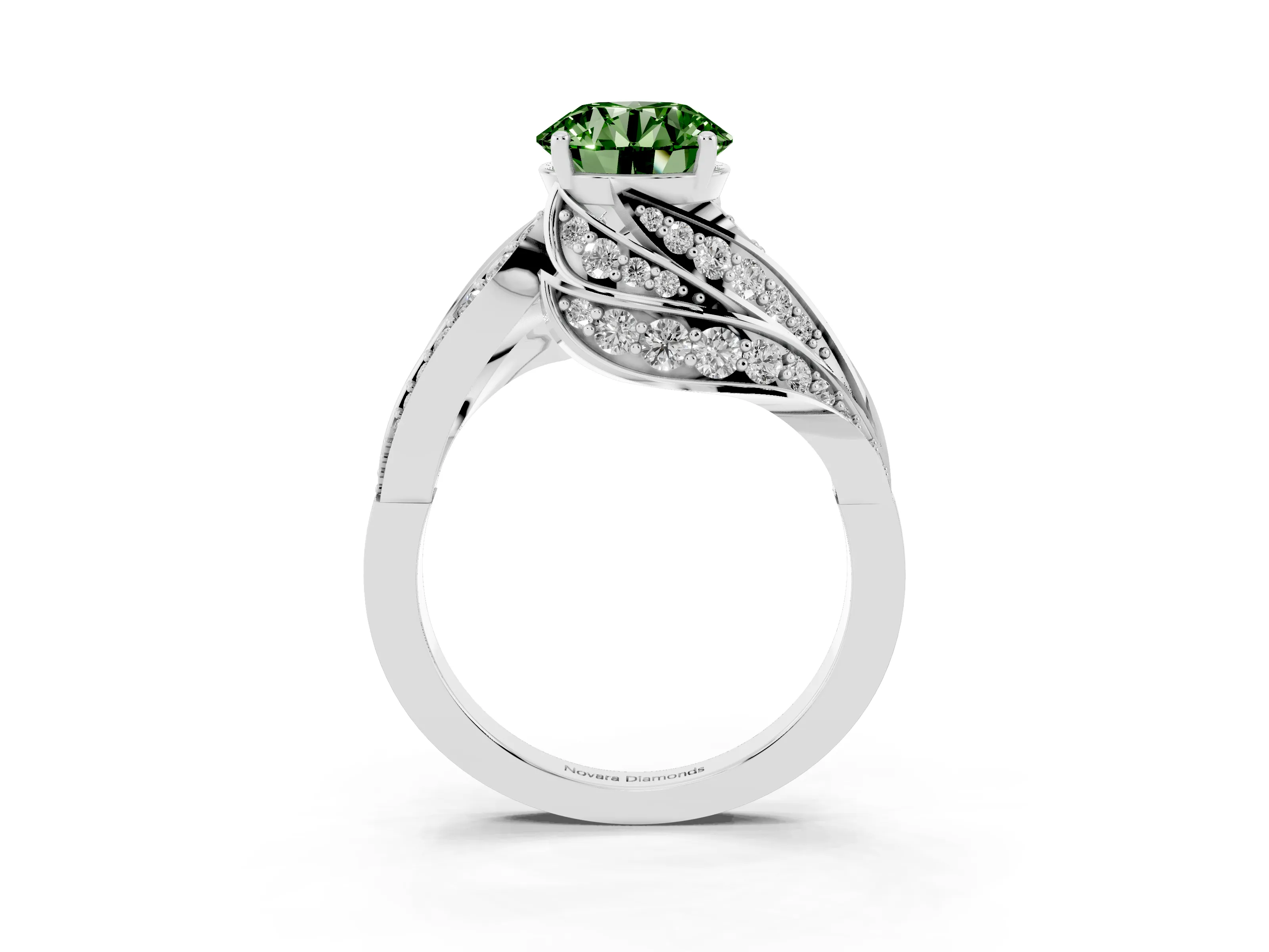Fancy Green Round Cut Diamond Solitaire Ring Set in Silver with Layered Twist Pavé Band