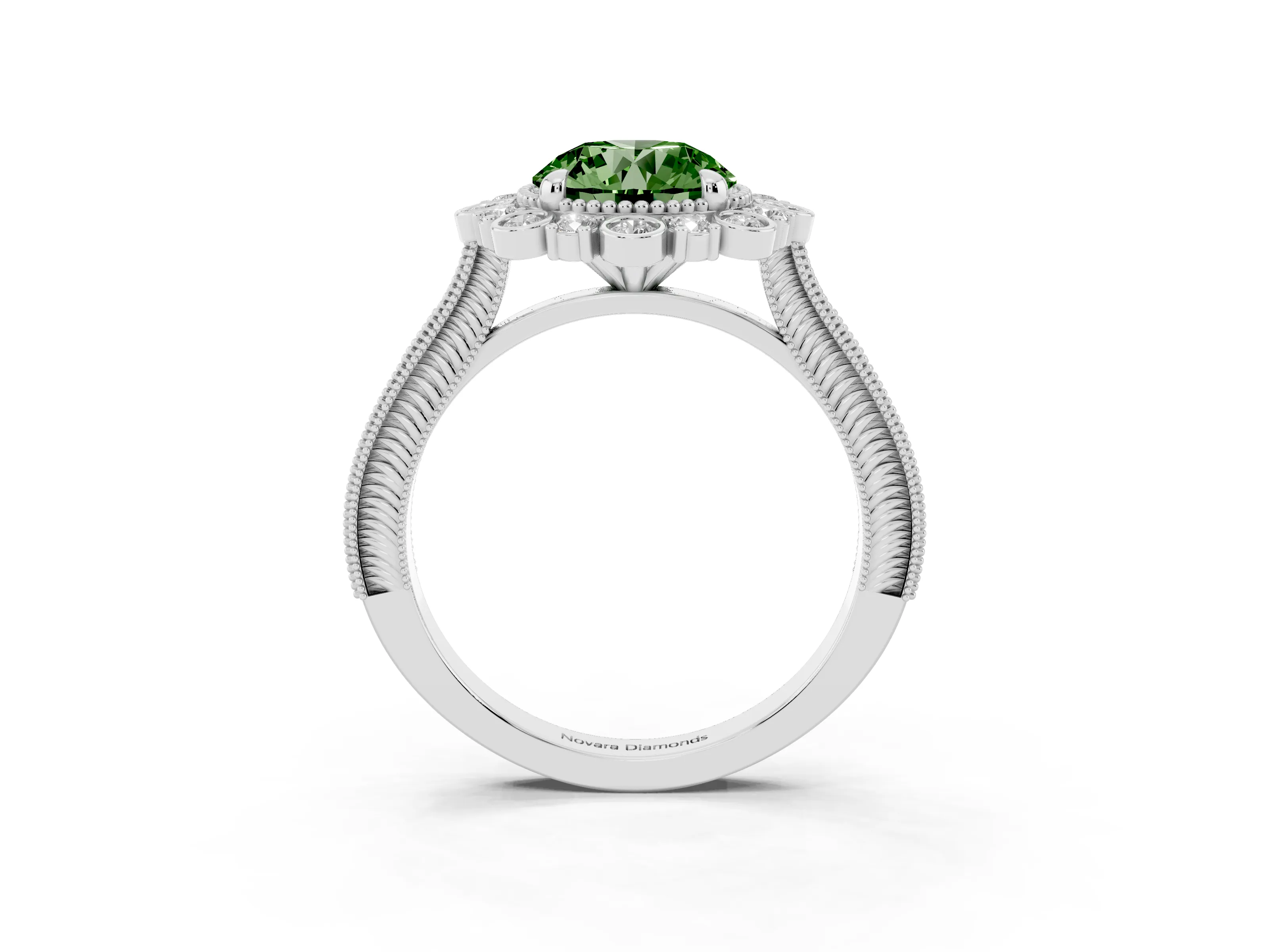 Fancy Green Round Cut Diamond Halo Milgrain Pavé Ring Set in White gold with Prong Setting