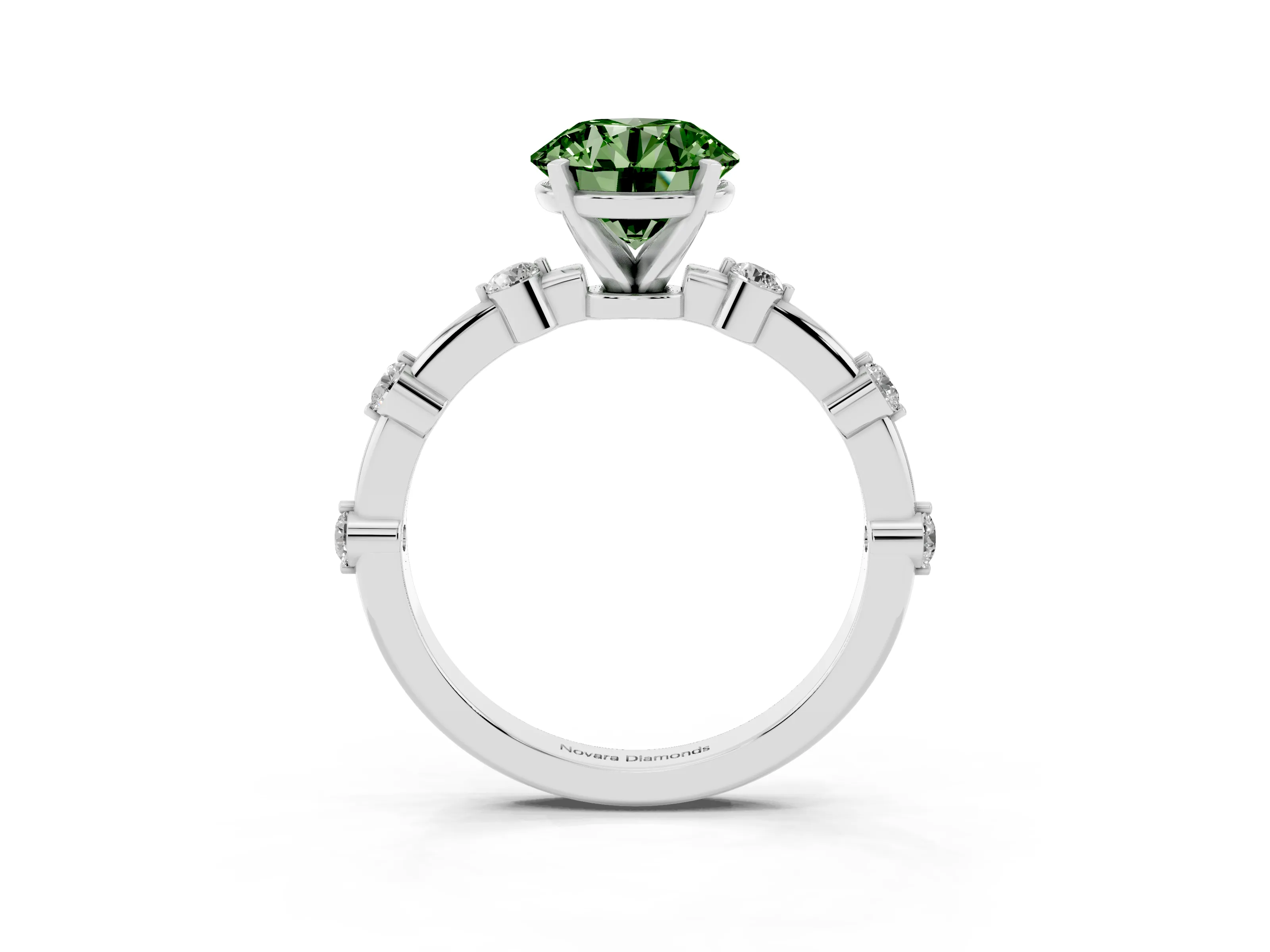 Fancy Green Round Cut Diamond Solitaire Ring Set in Silver with Bezel Set Side Stones and Prong Setting