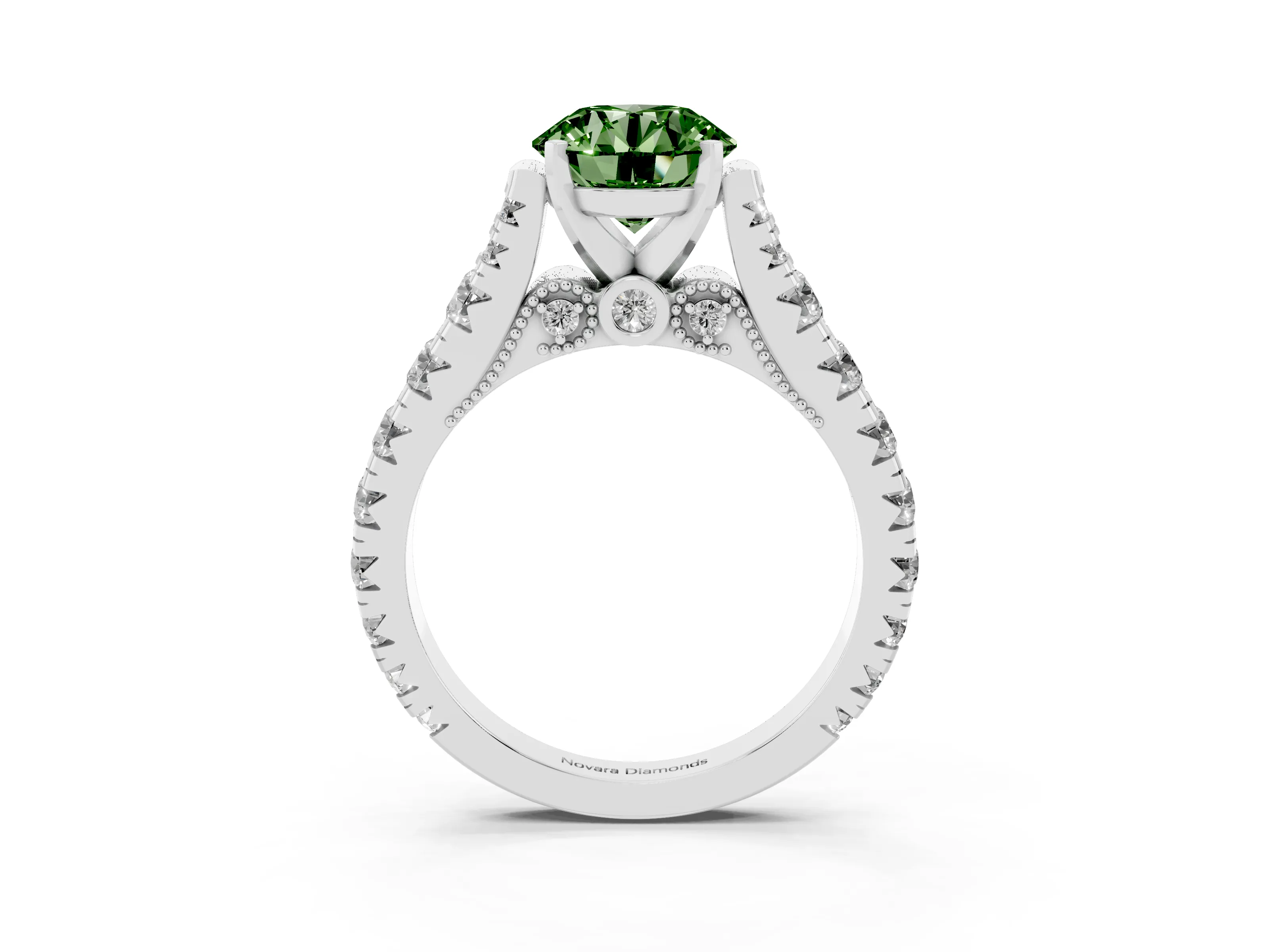 Fancy Green Round Cut Diamond Classic Solitaire Ring Set in Platinum with Pavé Band and Prong Setting