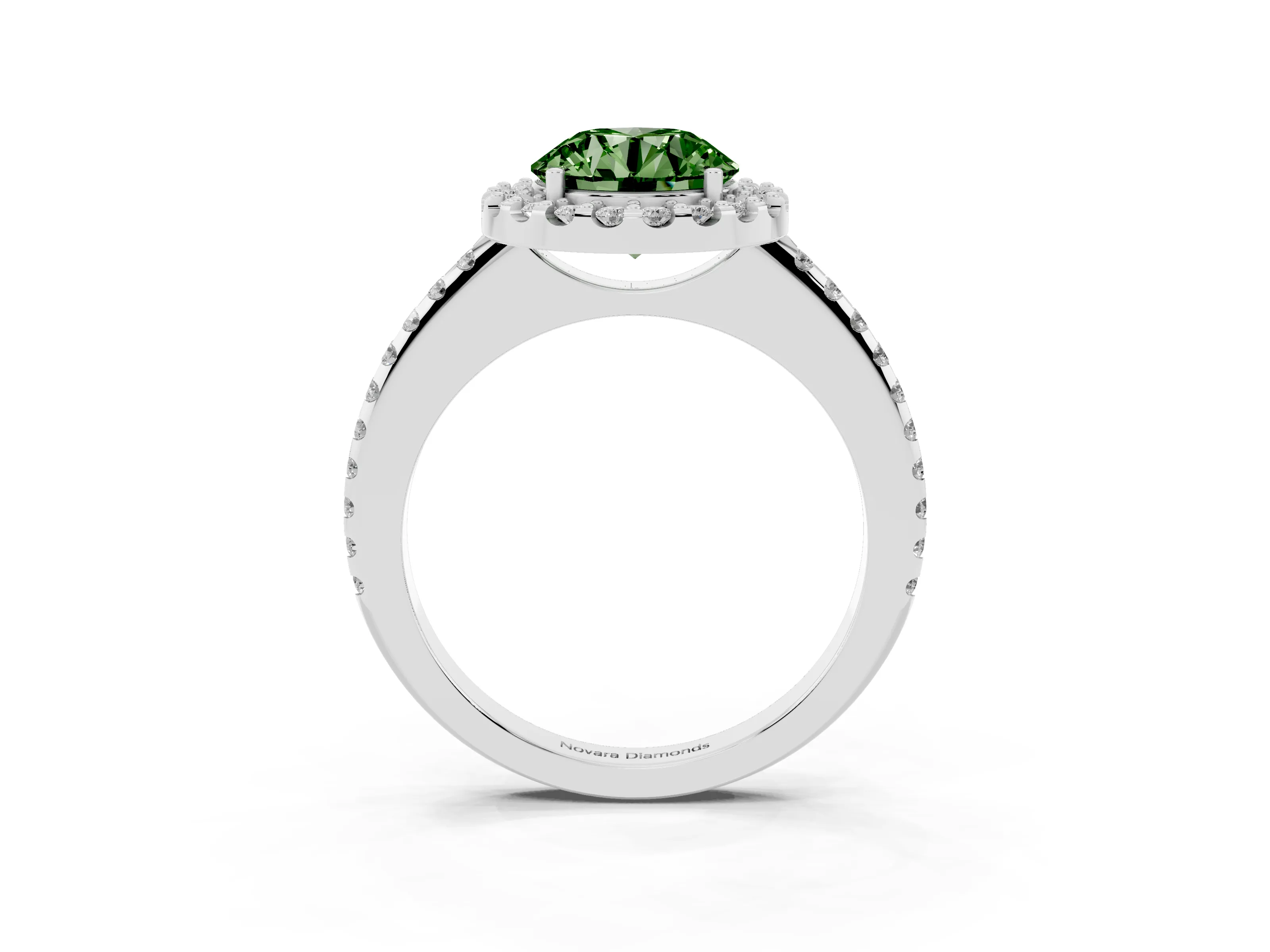 Fancy Green Round Cut Diamond Pavé Halo Ring Set in Silver with Prong Setting