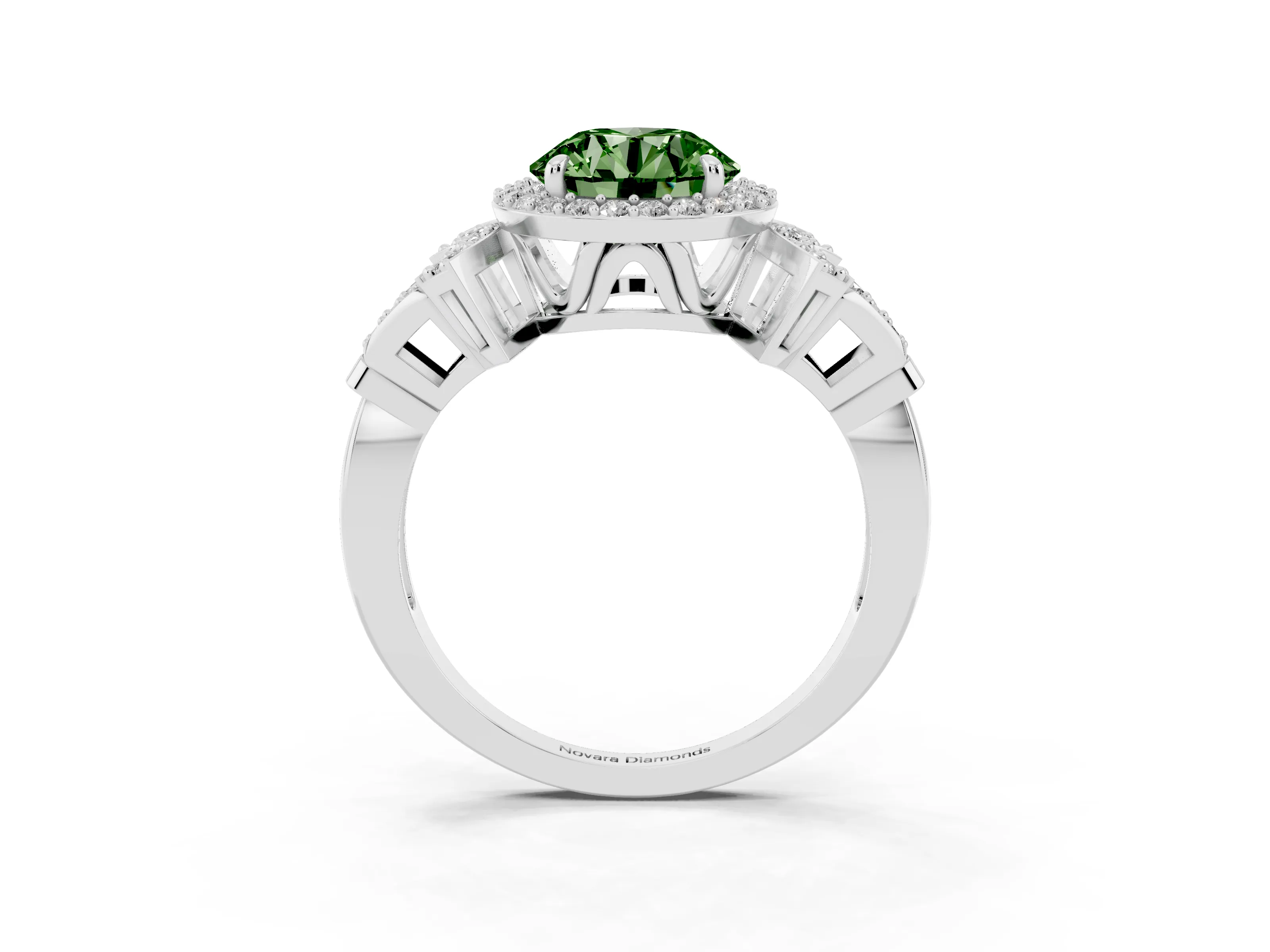 Fancy Green Round Cut Diamond Halo Engagement Ring Set in Platinum with Accent Stone Split Shank