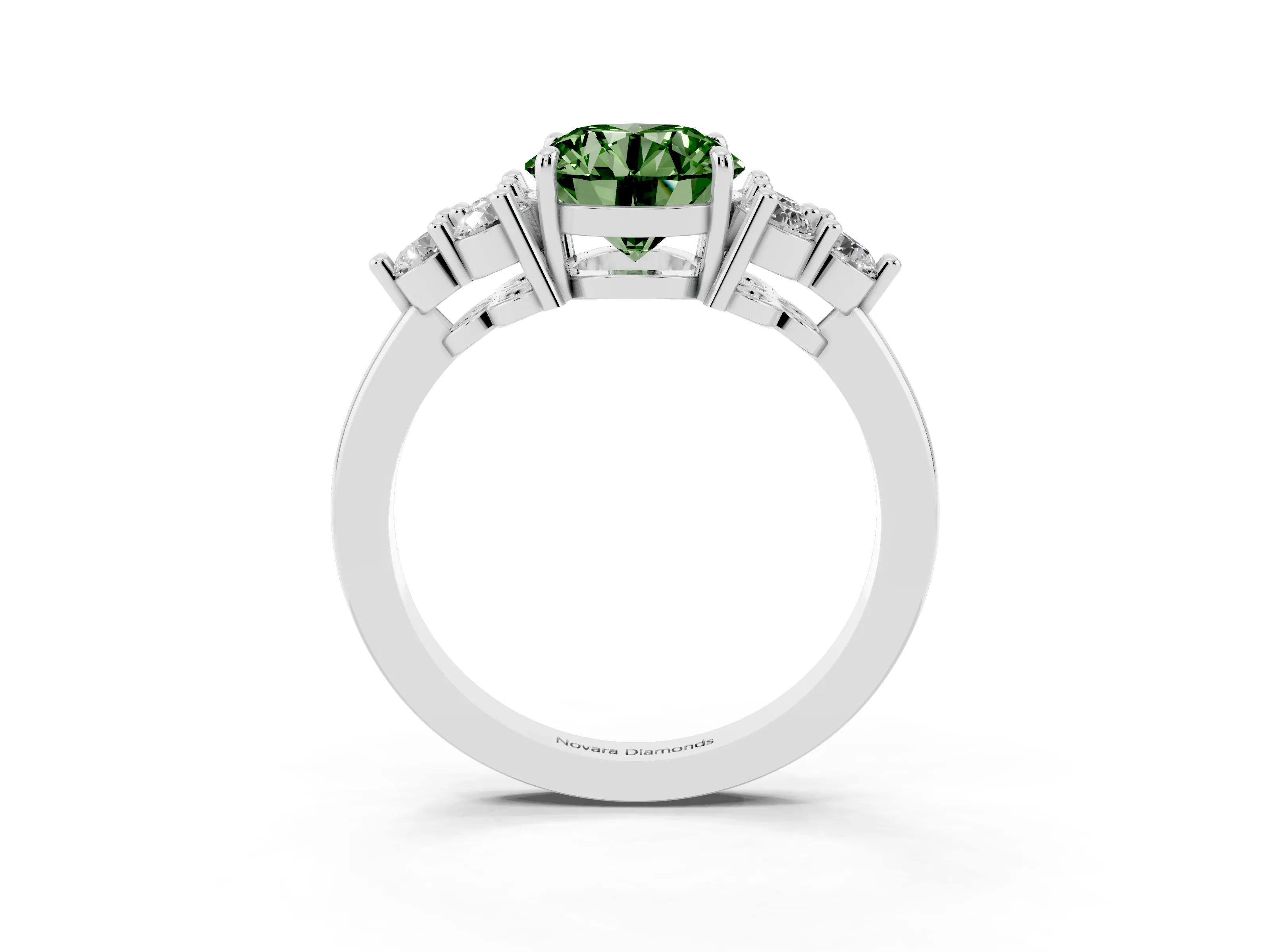 Fancy Green Round Cut Diamond Solitaire Ring Set in Silver with Cluster Accents on Each Side
