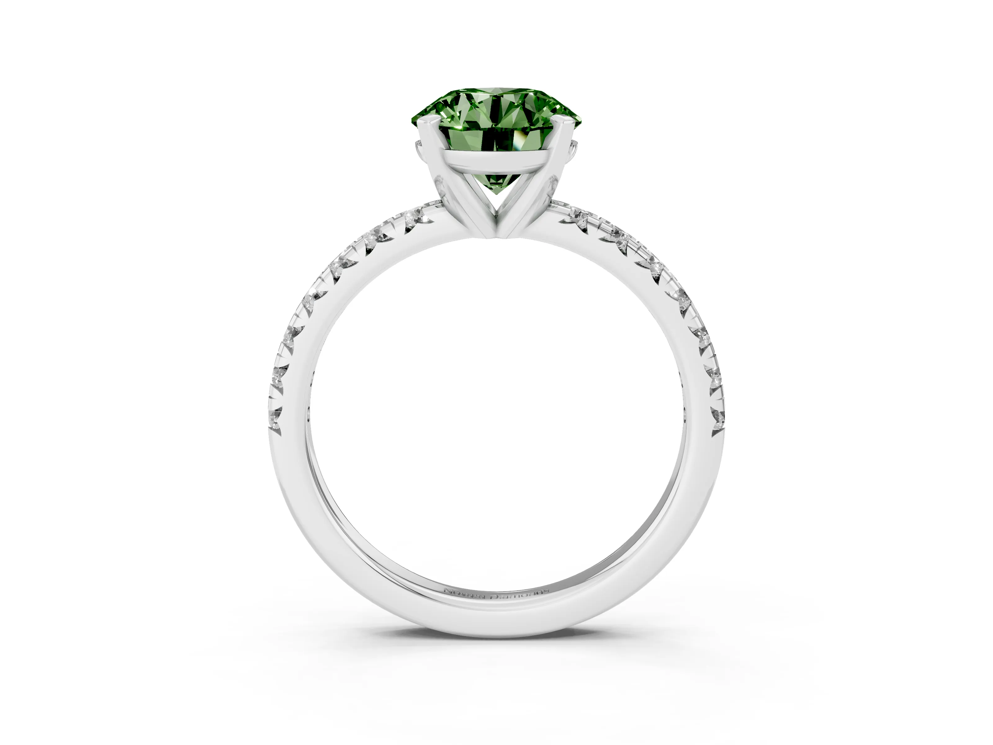 Fancy Green Round Cut Diamond Solitaire Pavé Engagement Ring Set in Silver with Round Band and Prong Setting