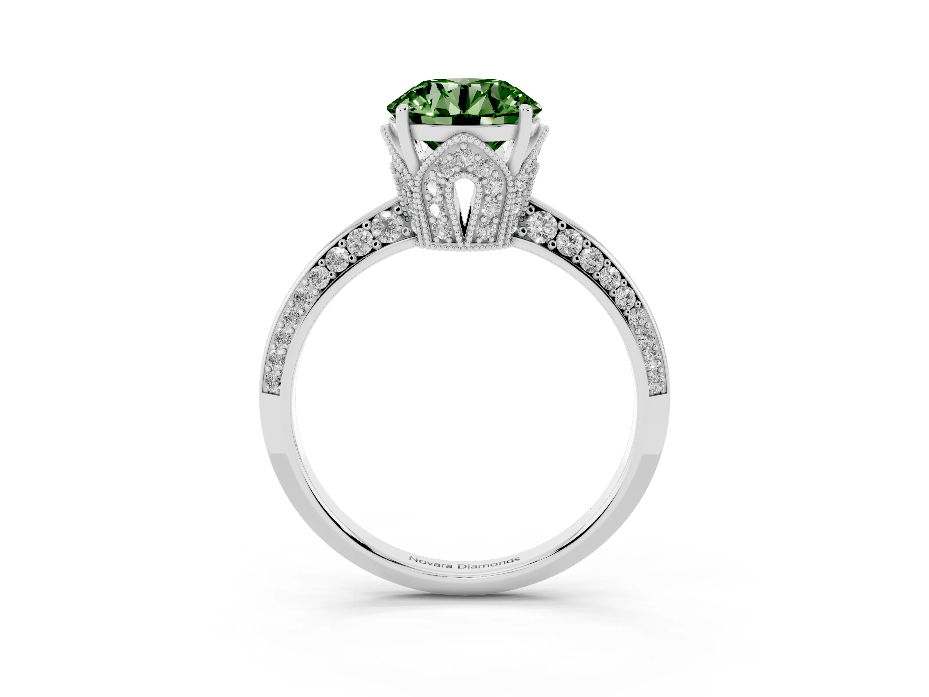 Fancy Green Round Cut Diamond Solitaire Engagement Ring Set in Silver with Pavé Split Shank and Prong Setting