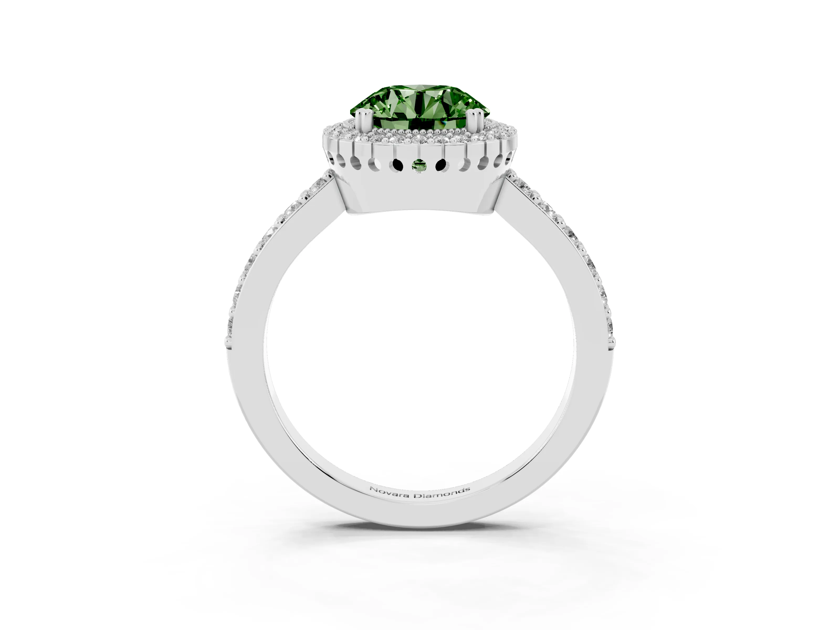 Fancy Green Round Cut Diamond Halo Engagement Ring Set in White gold with Milgrain Detail and Pavé Band
