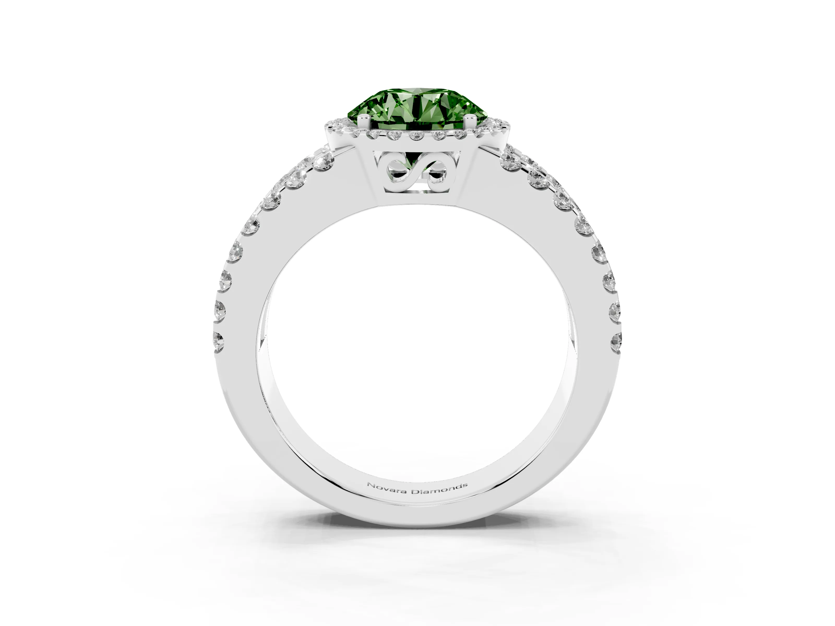 Fancy Green Round Cut Diamond Halo Ring Set in Silver with Pavé Split Shank and Prong Setting
