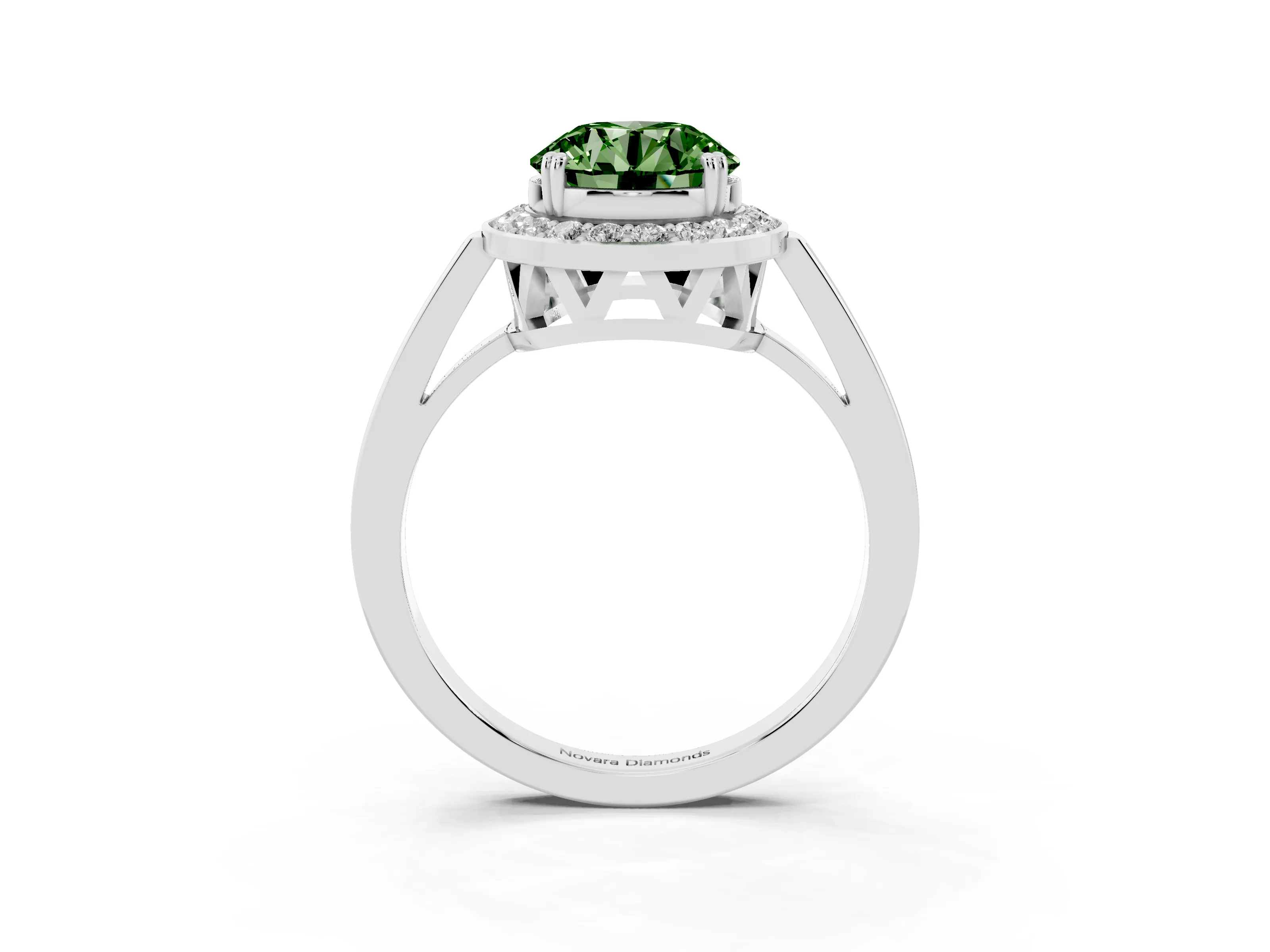 Fancy Green Round Cut Diamond Halo Ring Set in Silver with Accent-Lined Split Shank and Prong Setting
