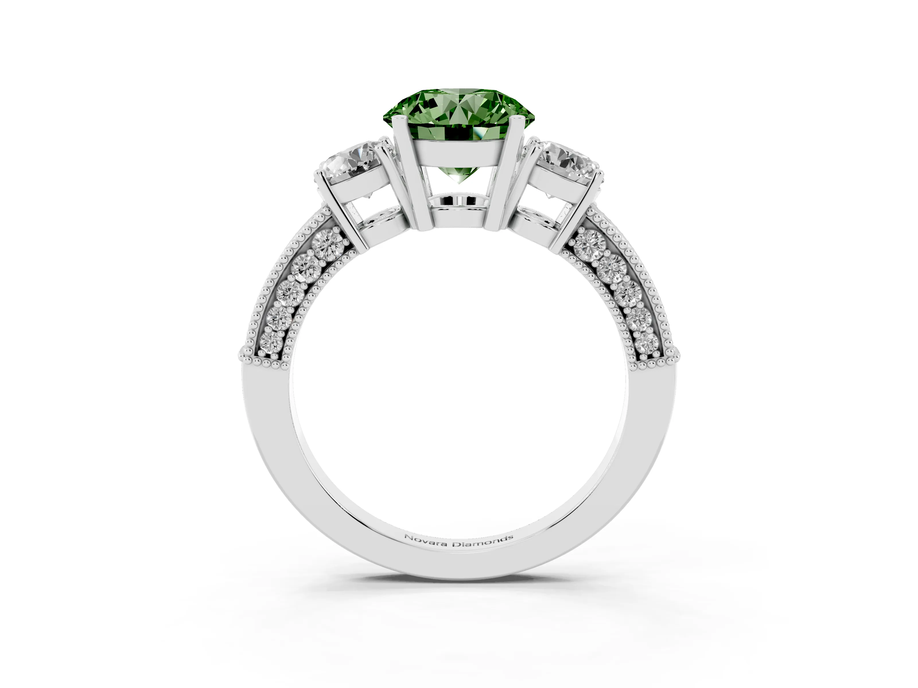 Fancy Green Round Cut Diamond Three-Stone Ring Set in White gold with Round Side Stones and Pavé Band