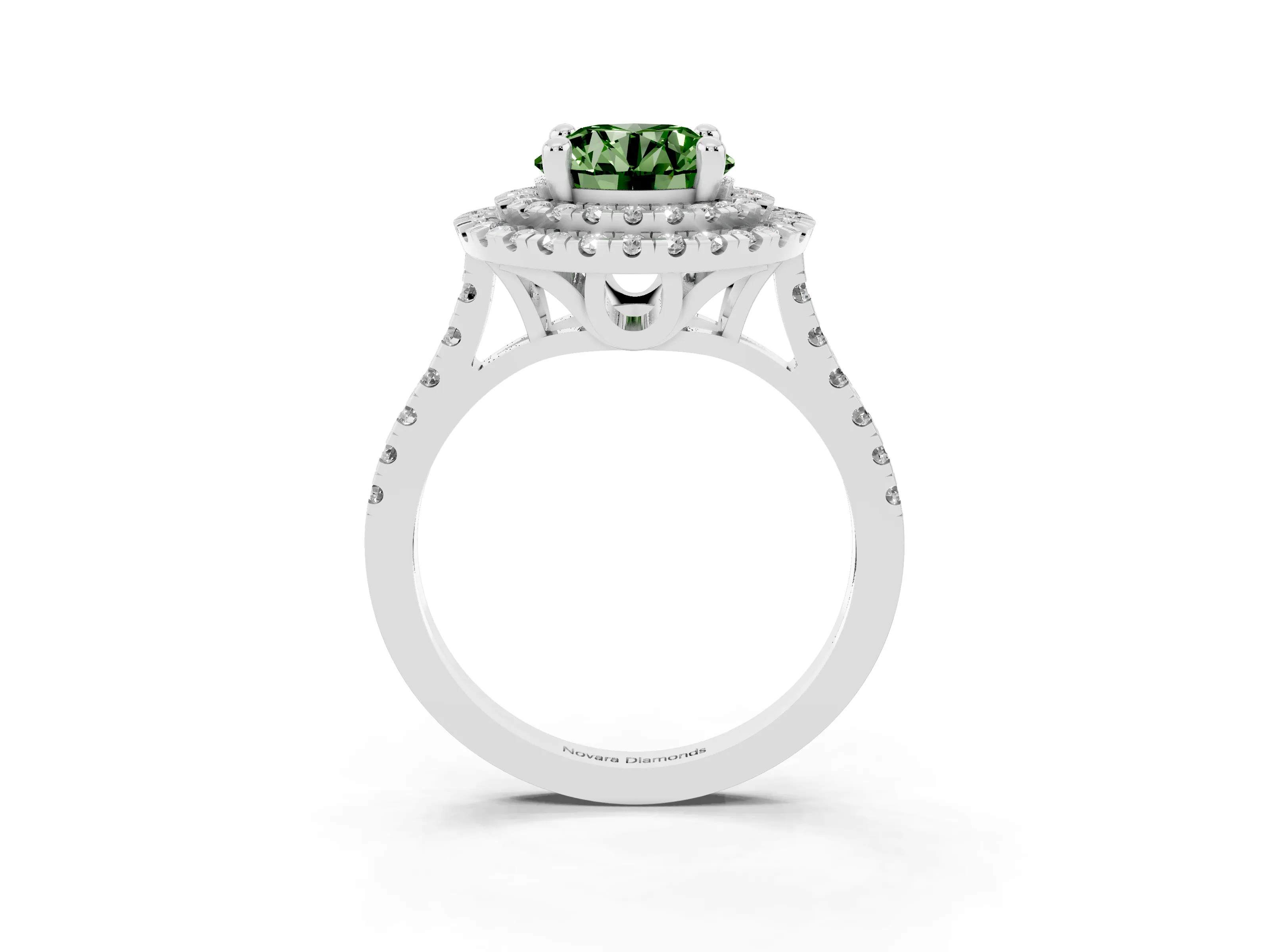 Fancy Green Round Cut Diamond Double Halo Statement Ring Set in Silver with Pavé Band