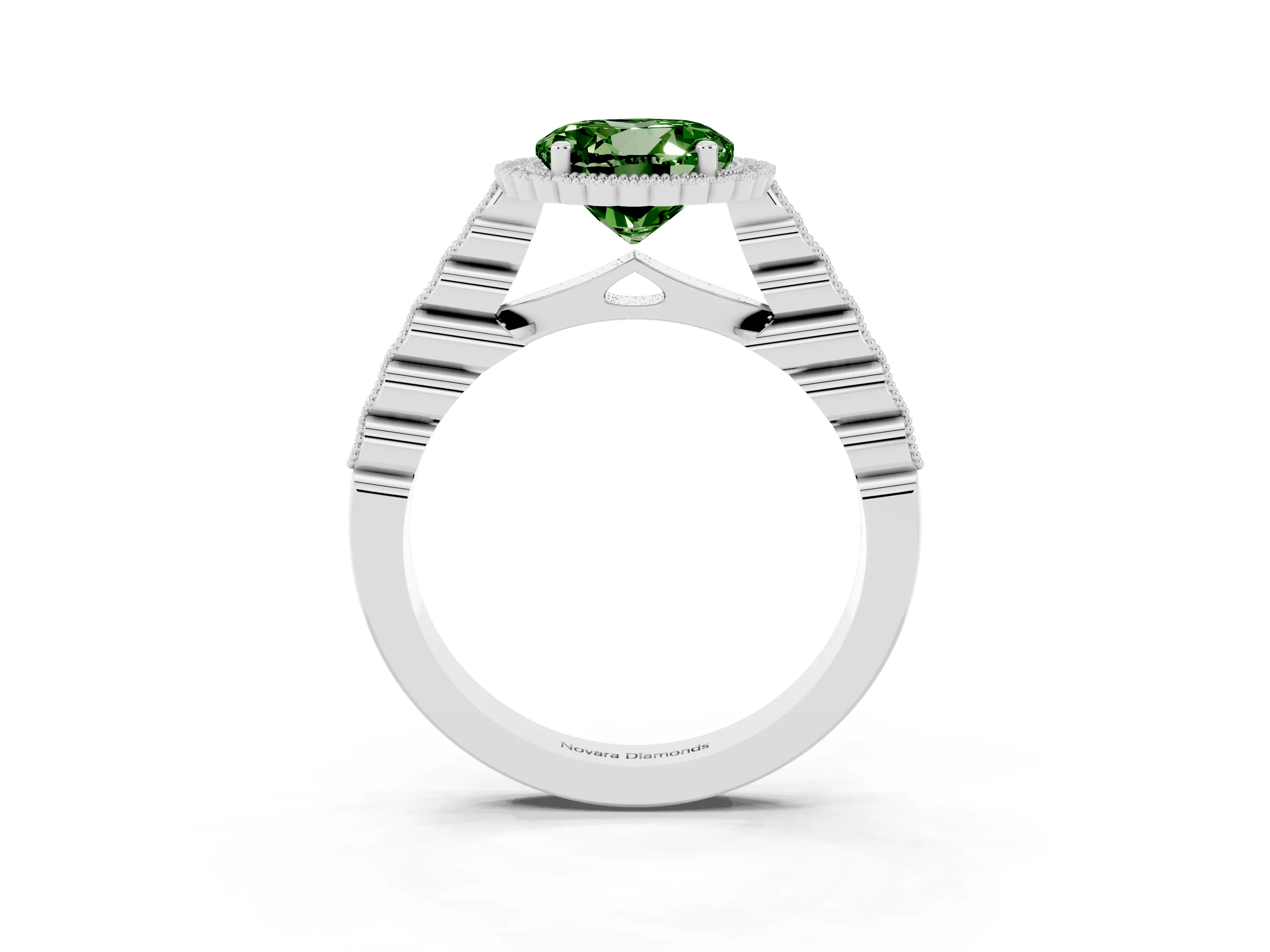 Fancy Green Round Cut Diamond Halo Ring Set in Platinum with Pavé Milgrain Band