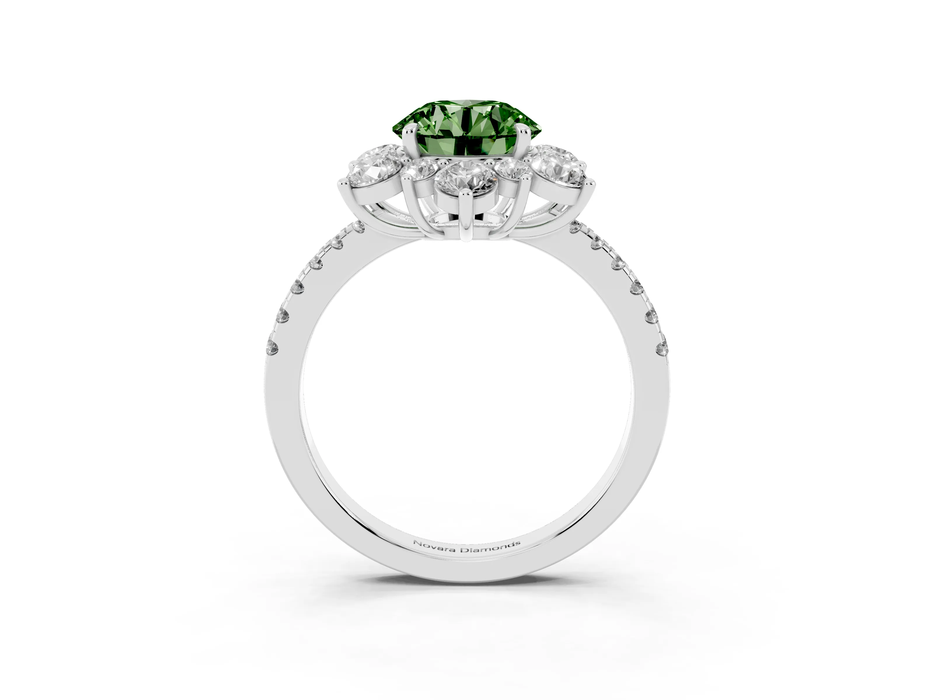 Fancy Green Round Cut Diamond Floral Halo Ring Set in Platinum with Round Pavé Band and Prong Setting