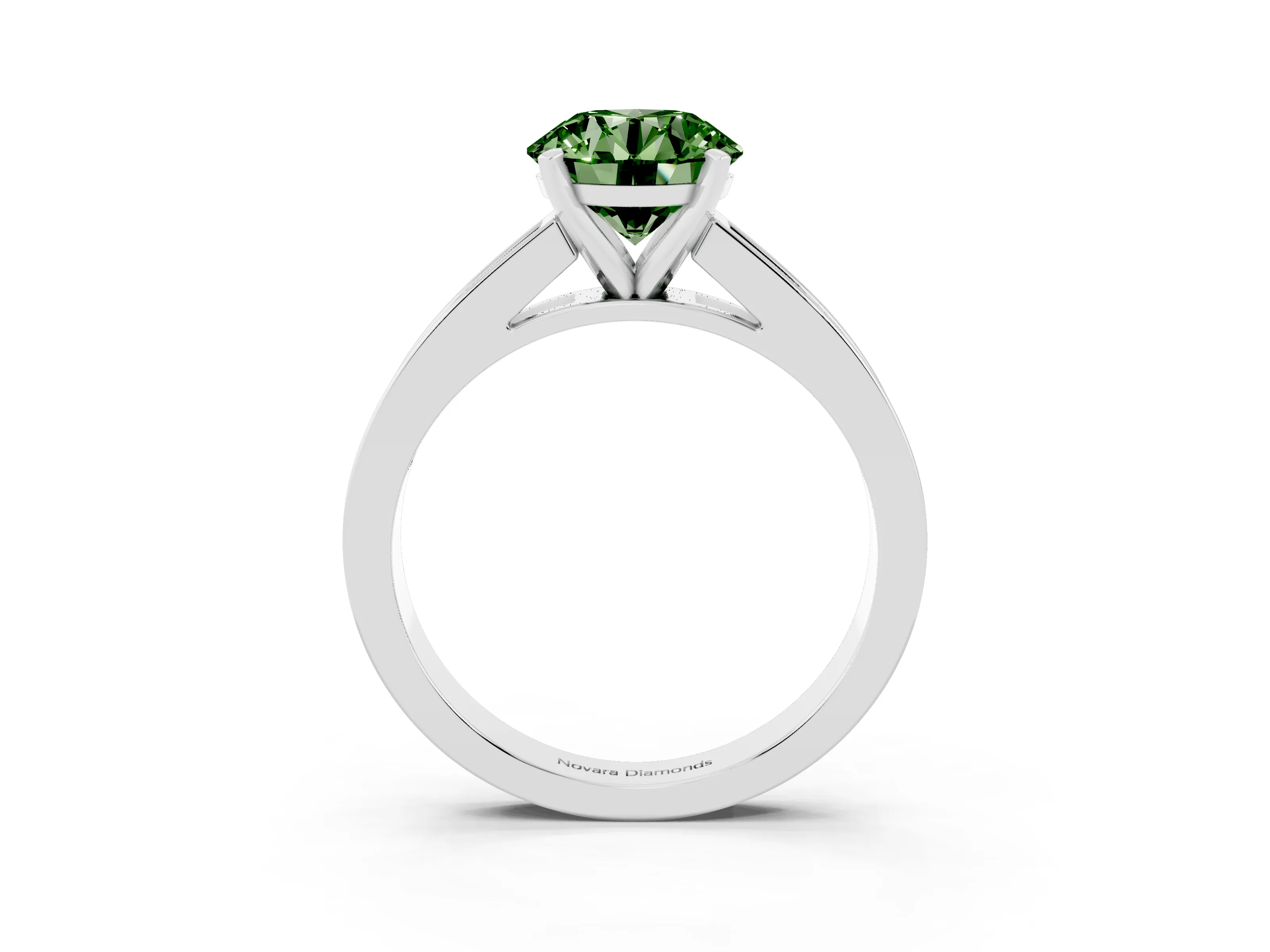 Fancy Green Round Cut Diamond Solitaire Ring Set in Platinum with Channel-Set Band and Prong Setting