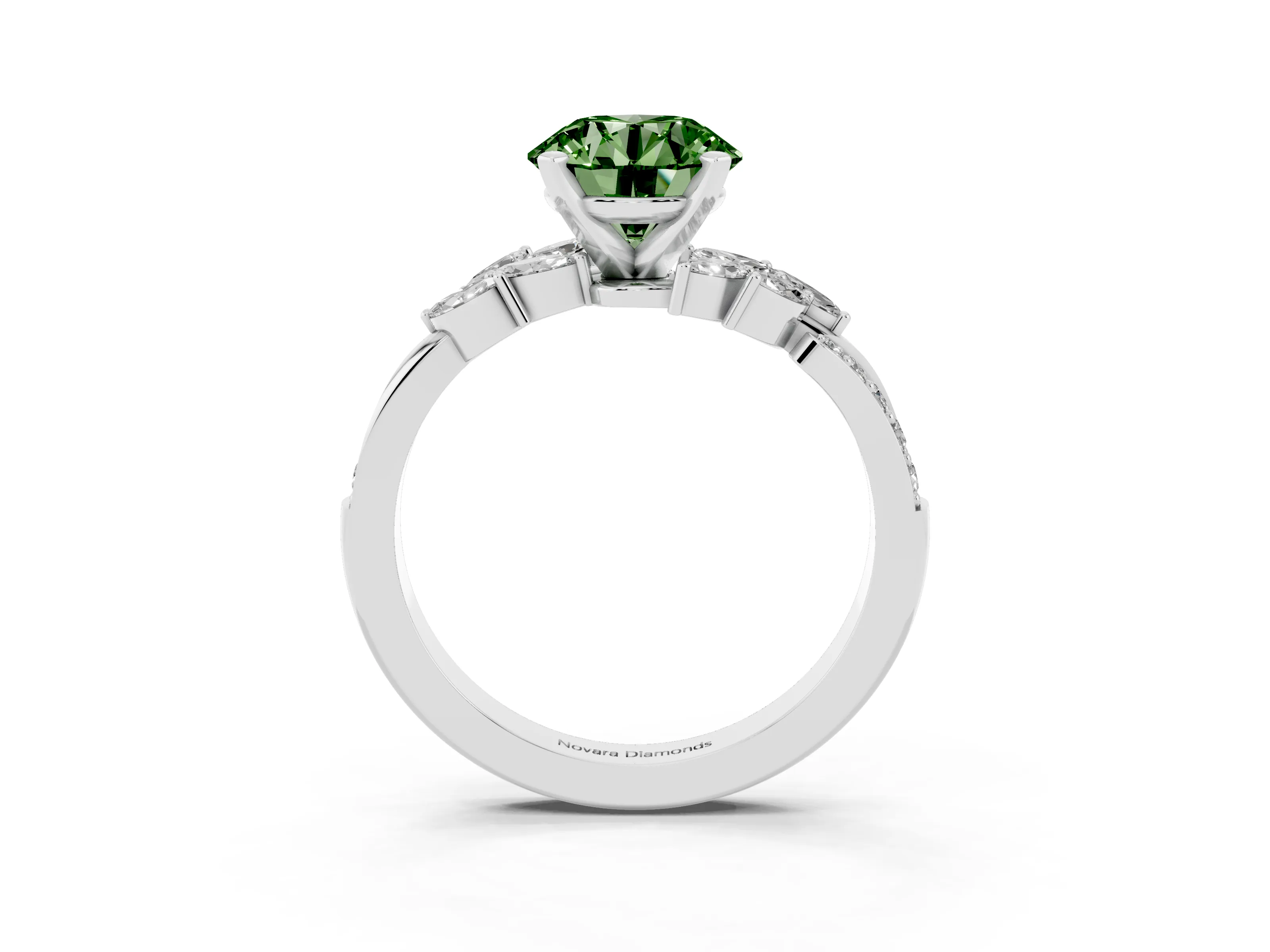 Fancy Green Round Cut Diamond Solitaire Ring Set in Silver with Marquise Twist Band and Prong Setting