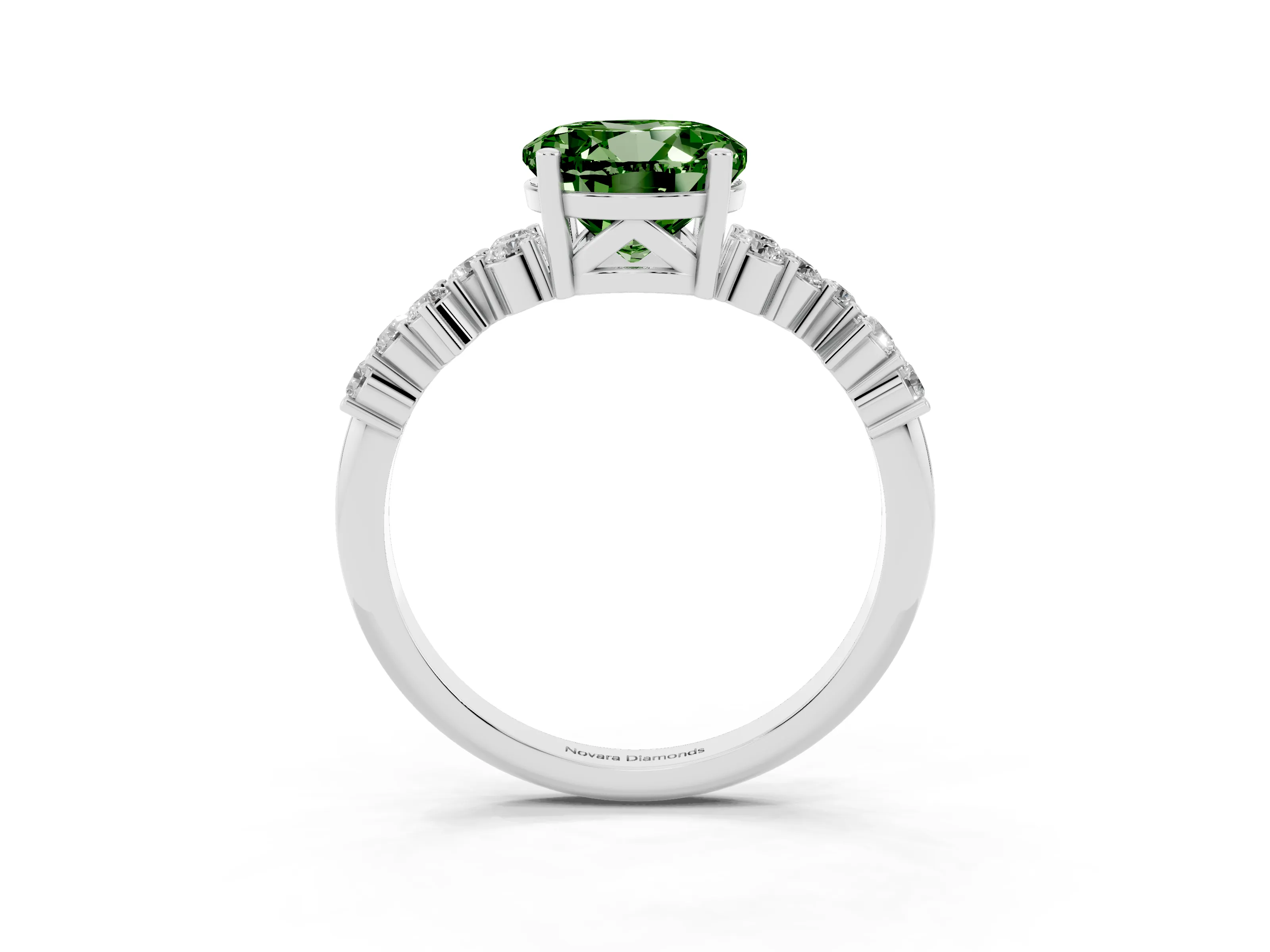 Fancy Green Round Cut Diamond Ring Set in White gold with Scattered Round Accents